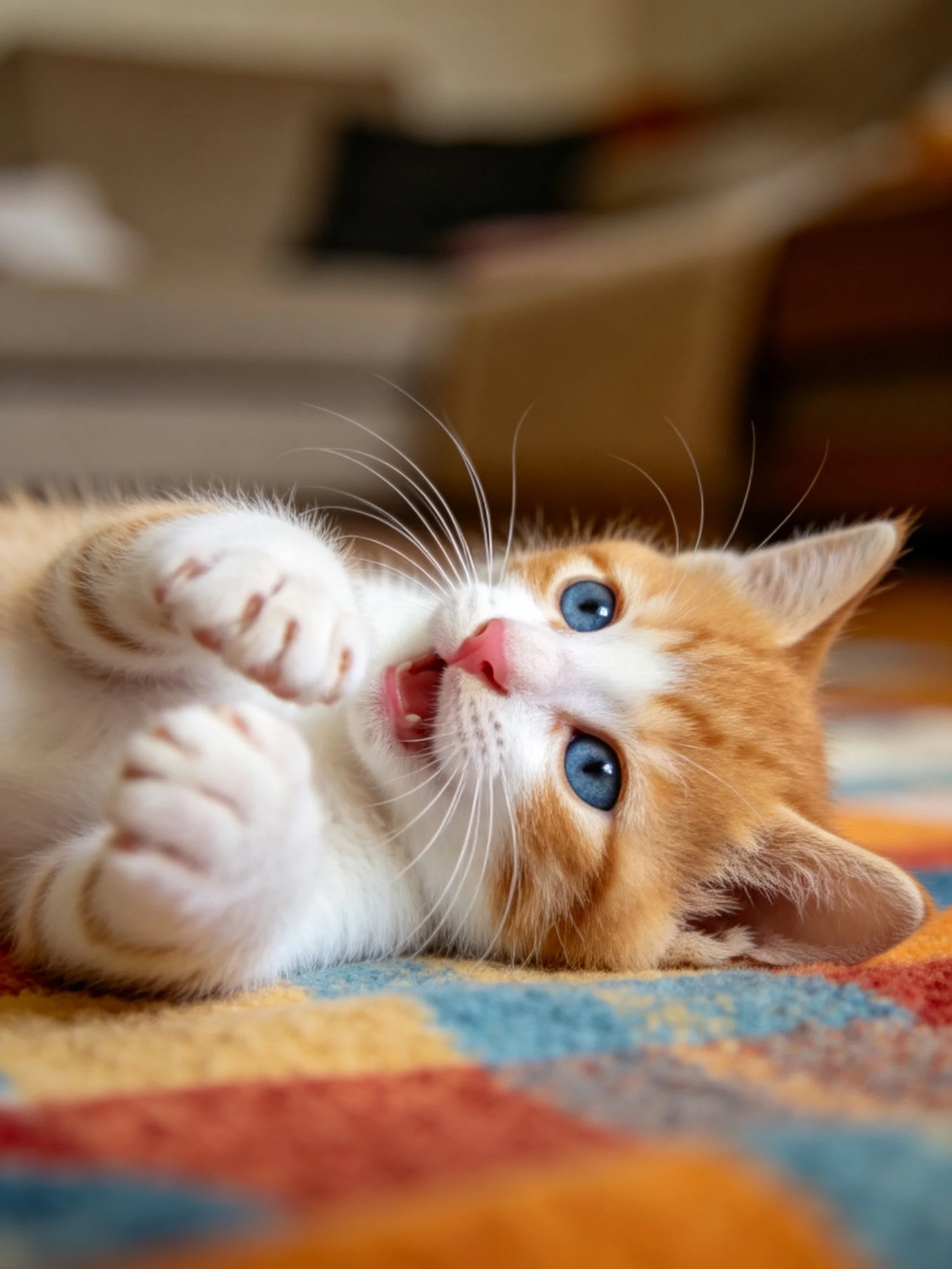 A playful orange and white kitten plays on a multicolored rug