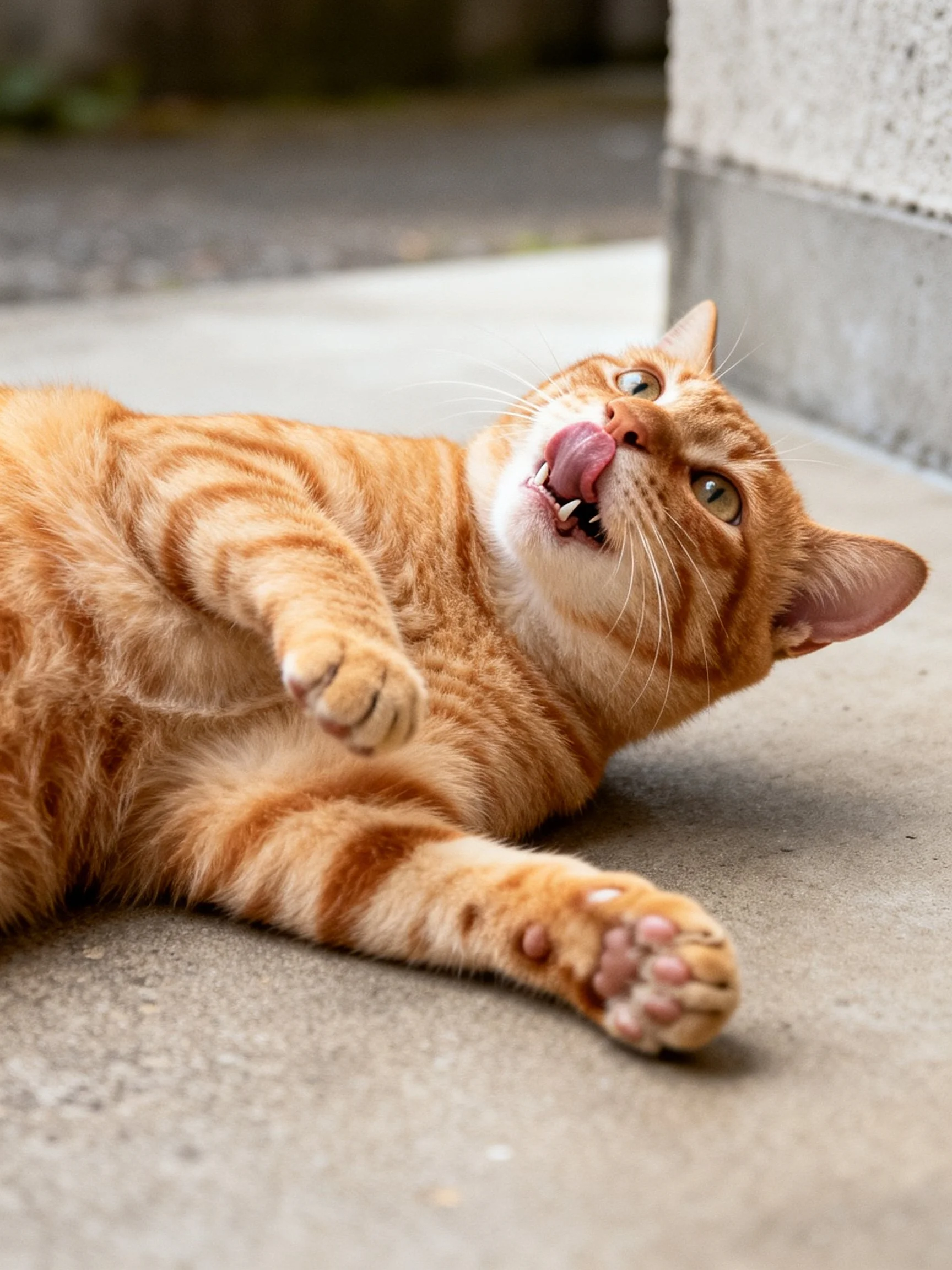 A playful orange tabby cat lounging on a concrete surface