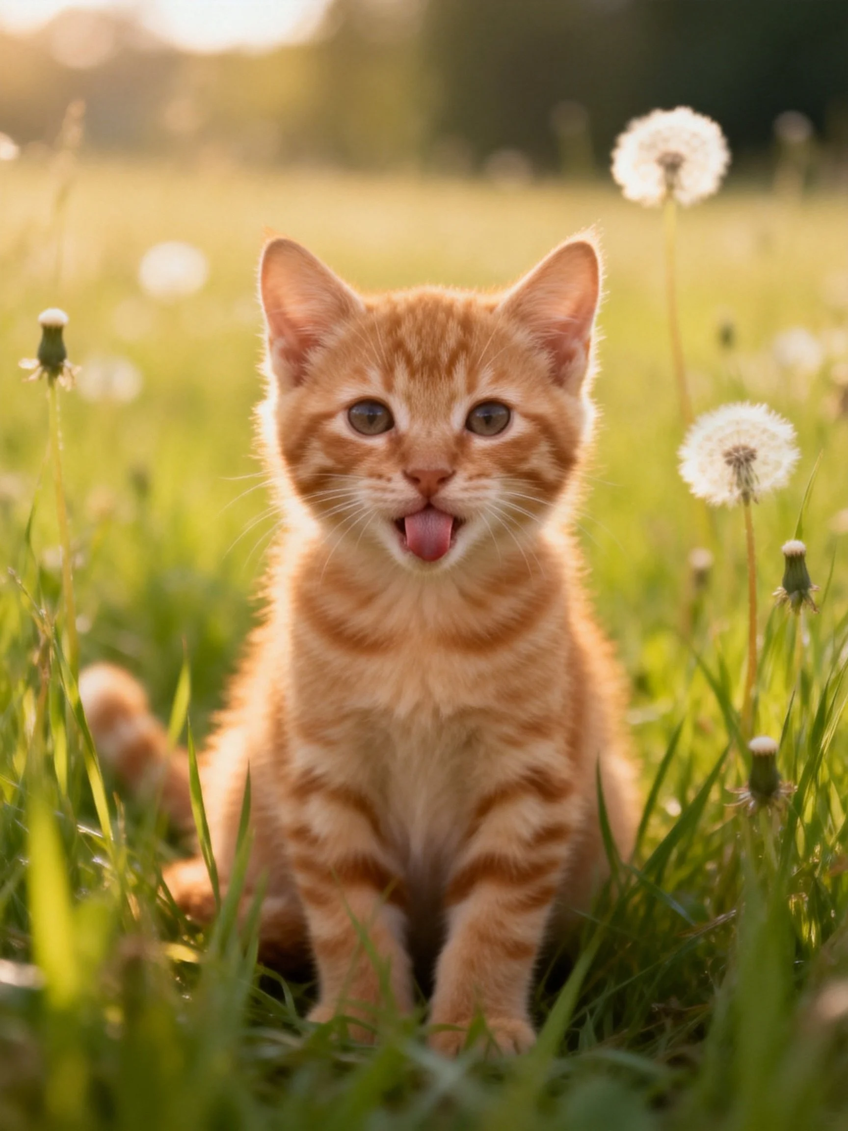 A playful orange tabby kitten sits amid dandelions in a sunlit meadow