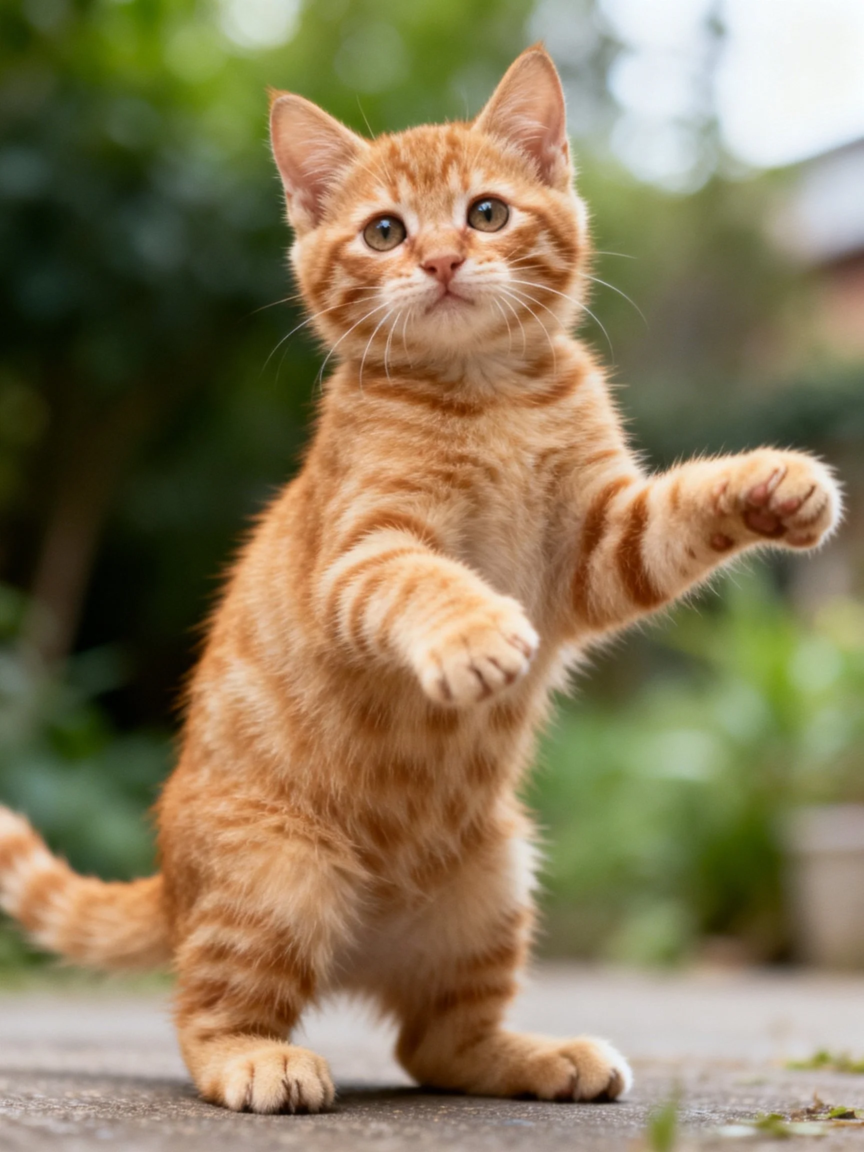 A playful orange tabby kitten stands upright on hind legs