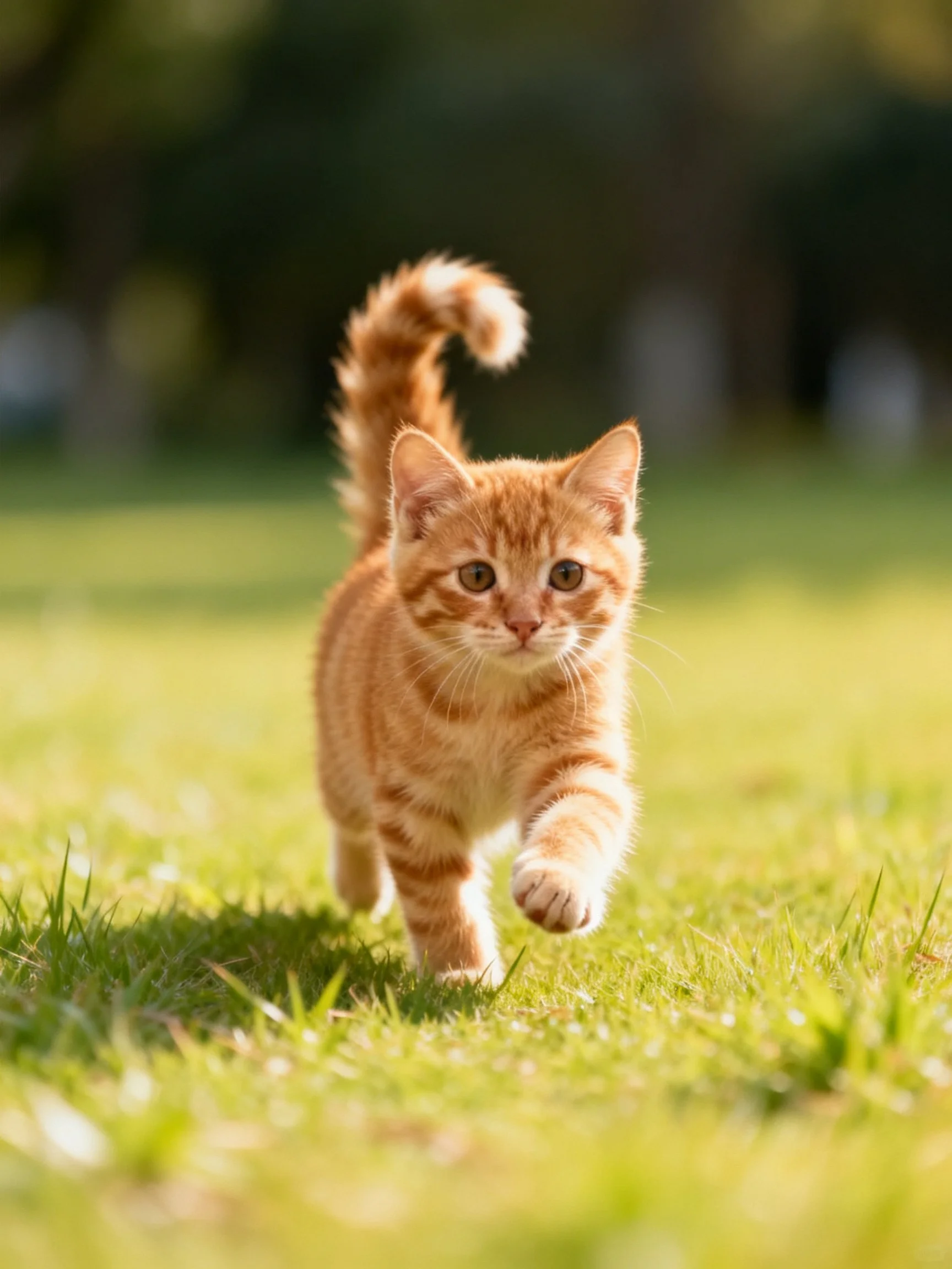 A playful orange tabby kitten walks on lush green grass