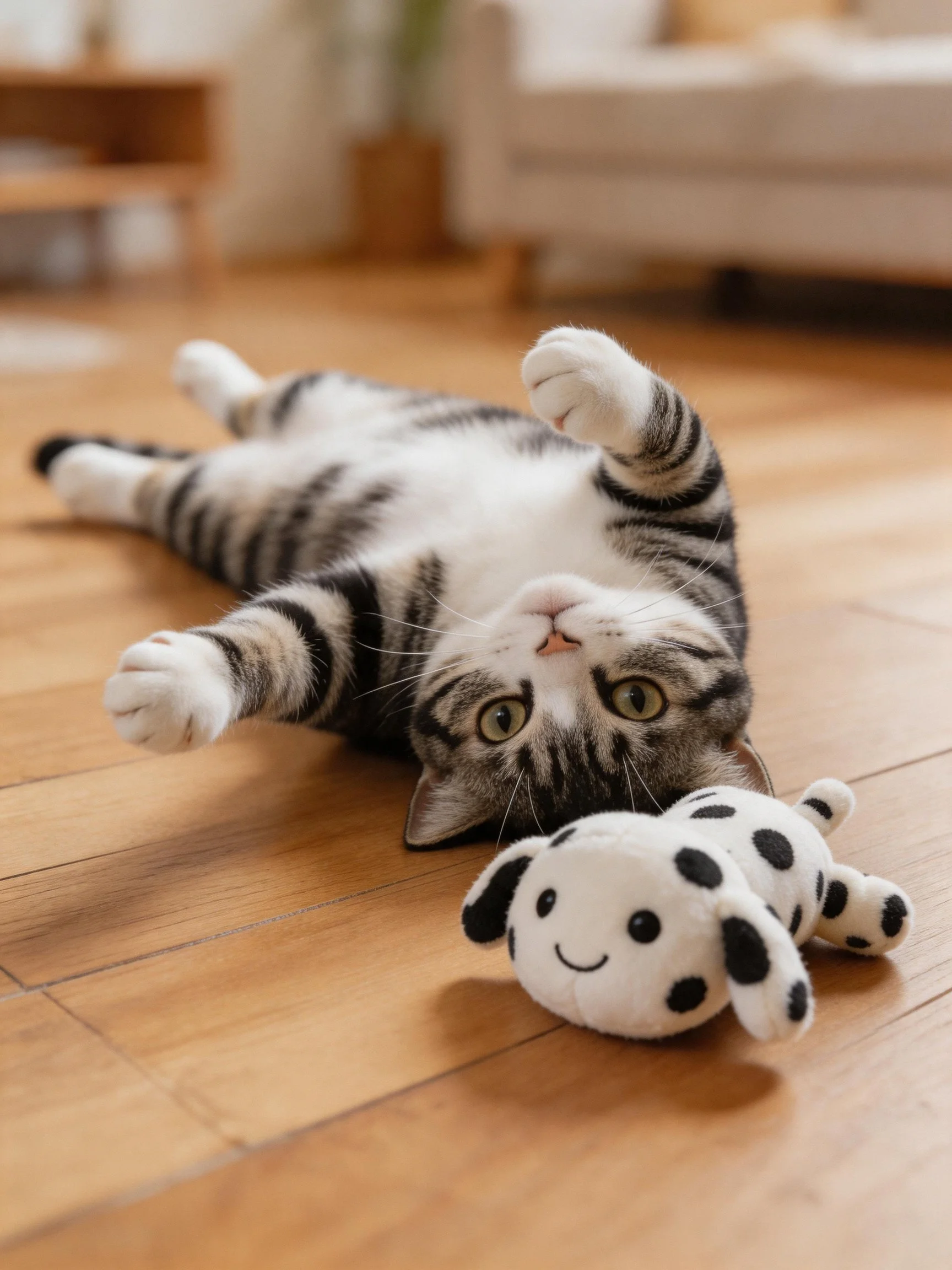 A playful tabby cat lies on a wooden floor with a spotted plush toy