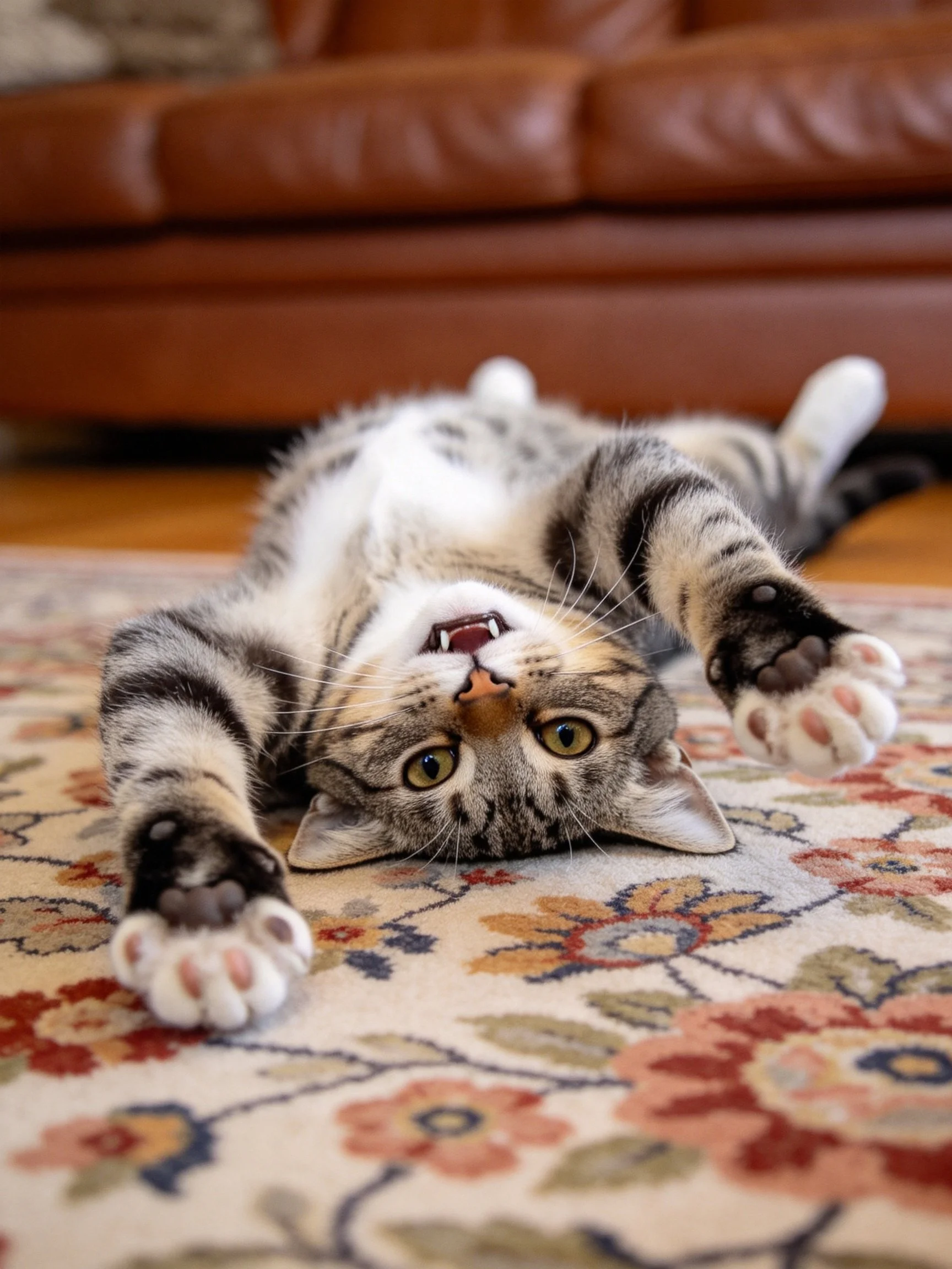 A playful tabby cat lies upside down on a floral rug near a brown sofa