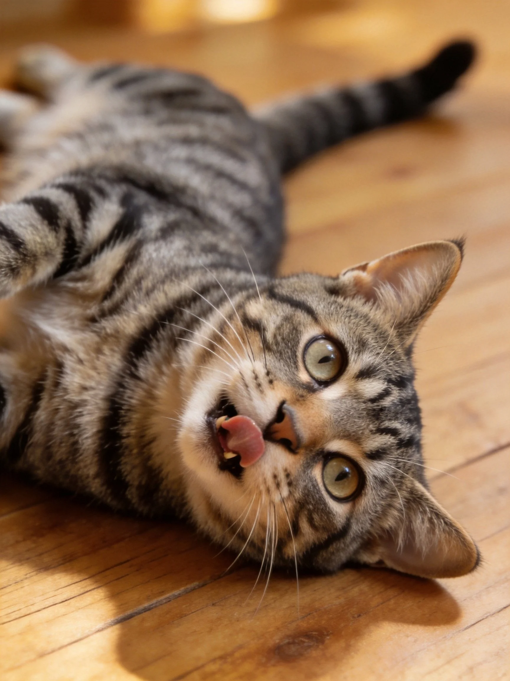 A playful tabby cat lounges on a wooden floor