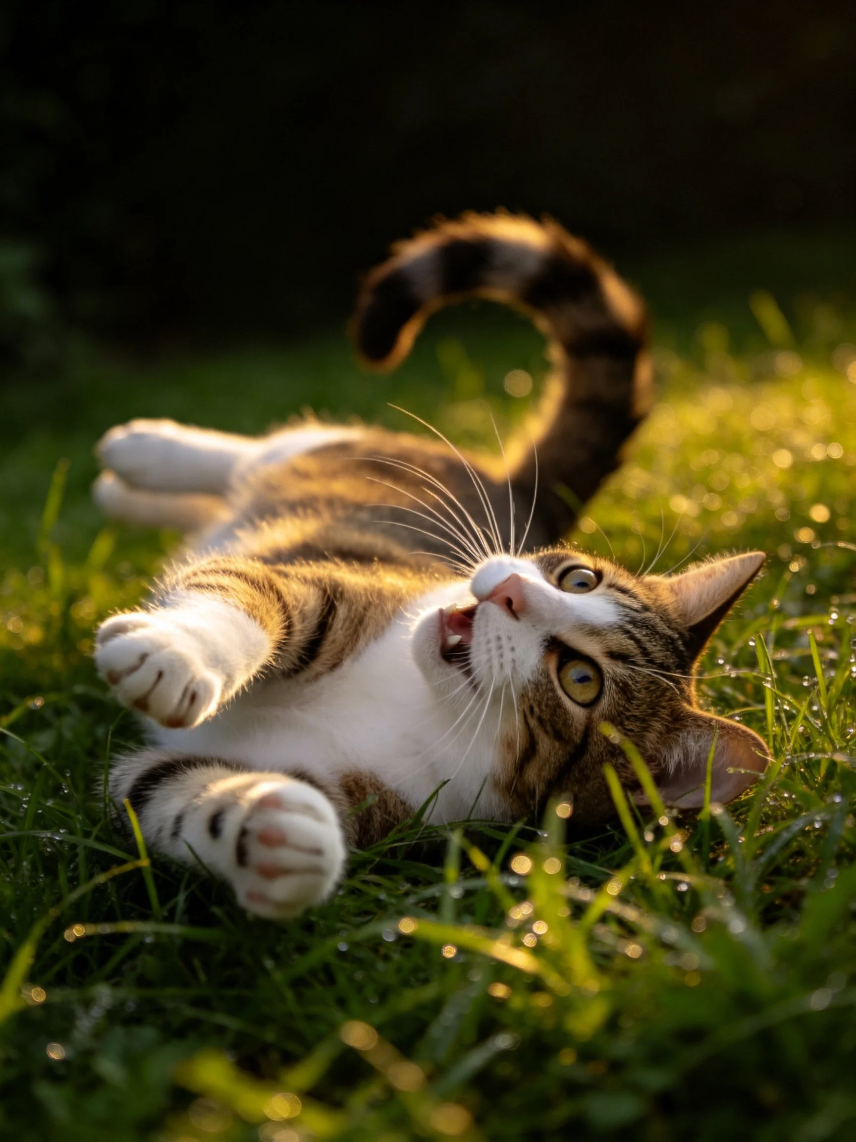 A playful tabby cat lounges on dewy green grass