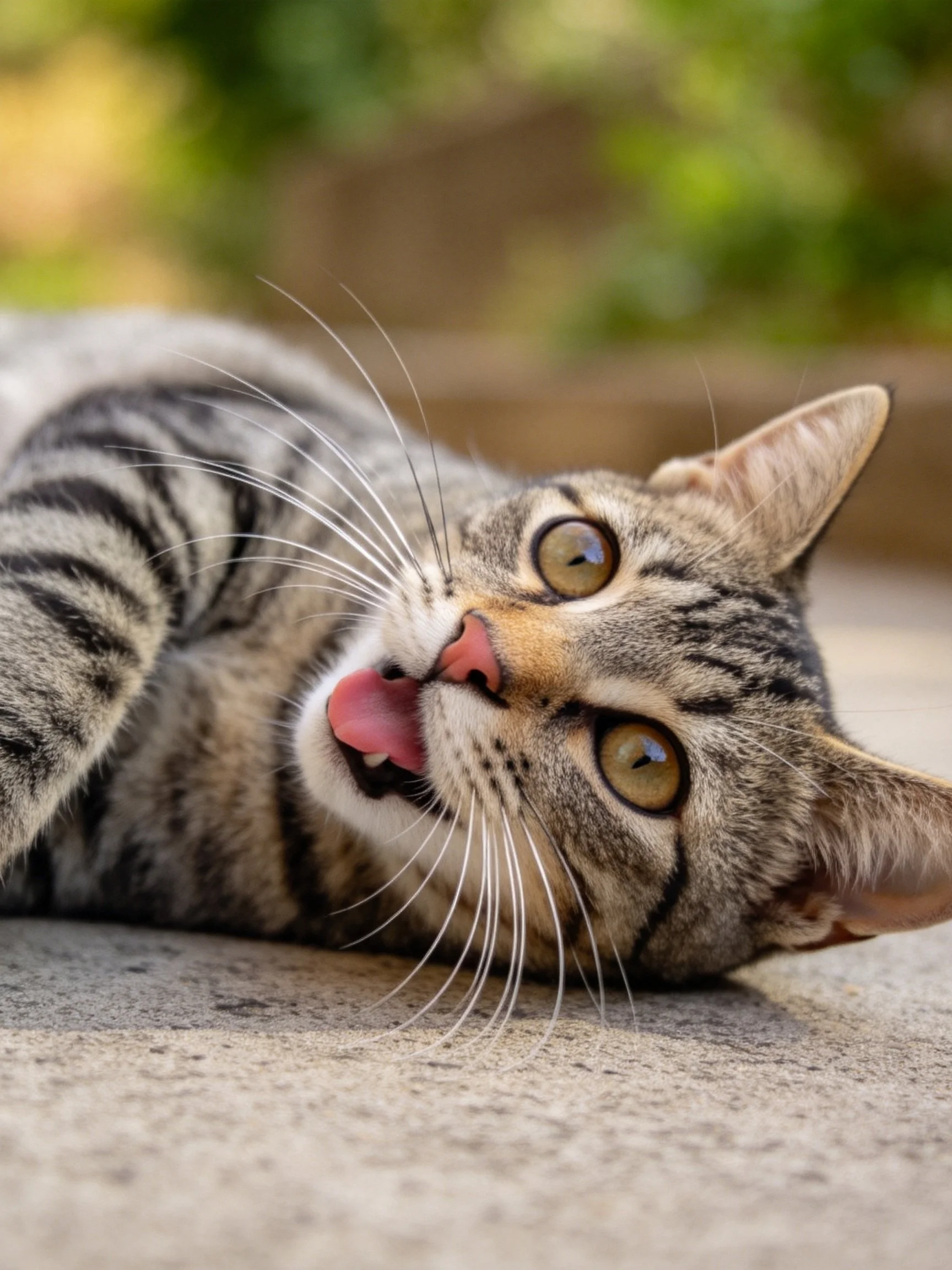 A playful tabby cat lounging on a concrete surface