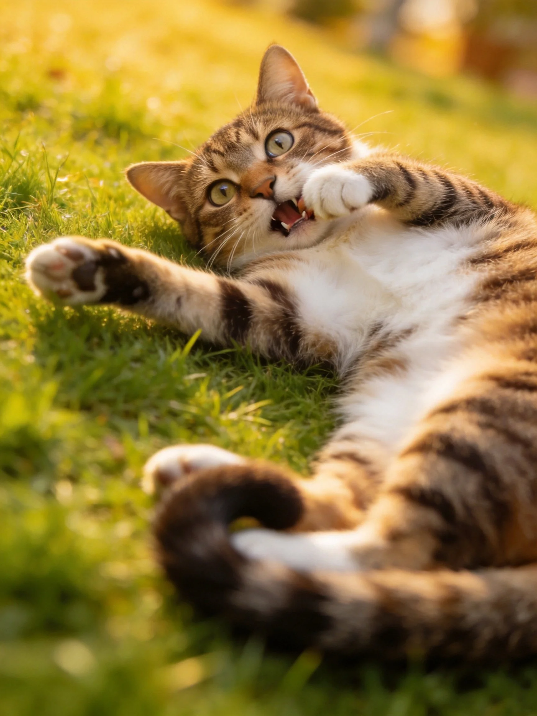A playful tabby cat lounging on sunlit green grass