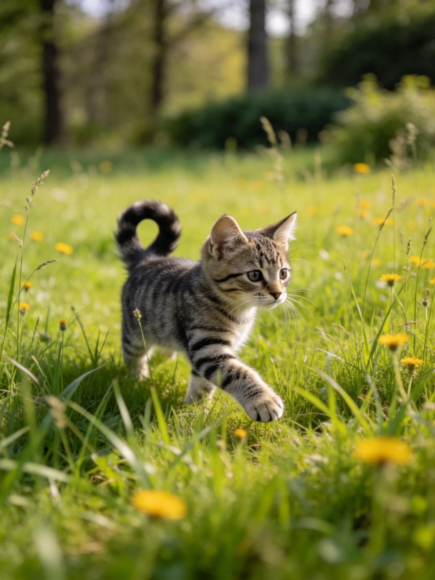 A playful tabby kitten explores a sunlit meadow of green grass and yellow wildflowers