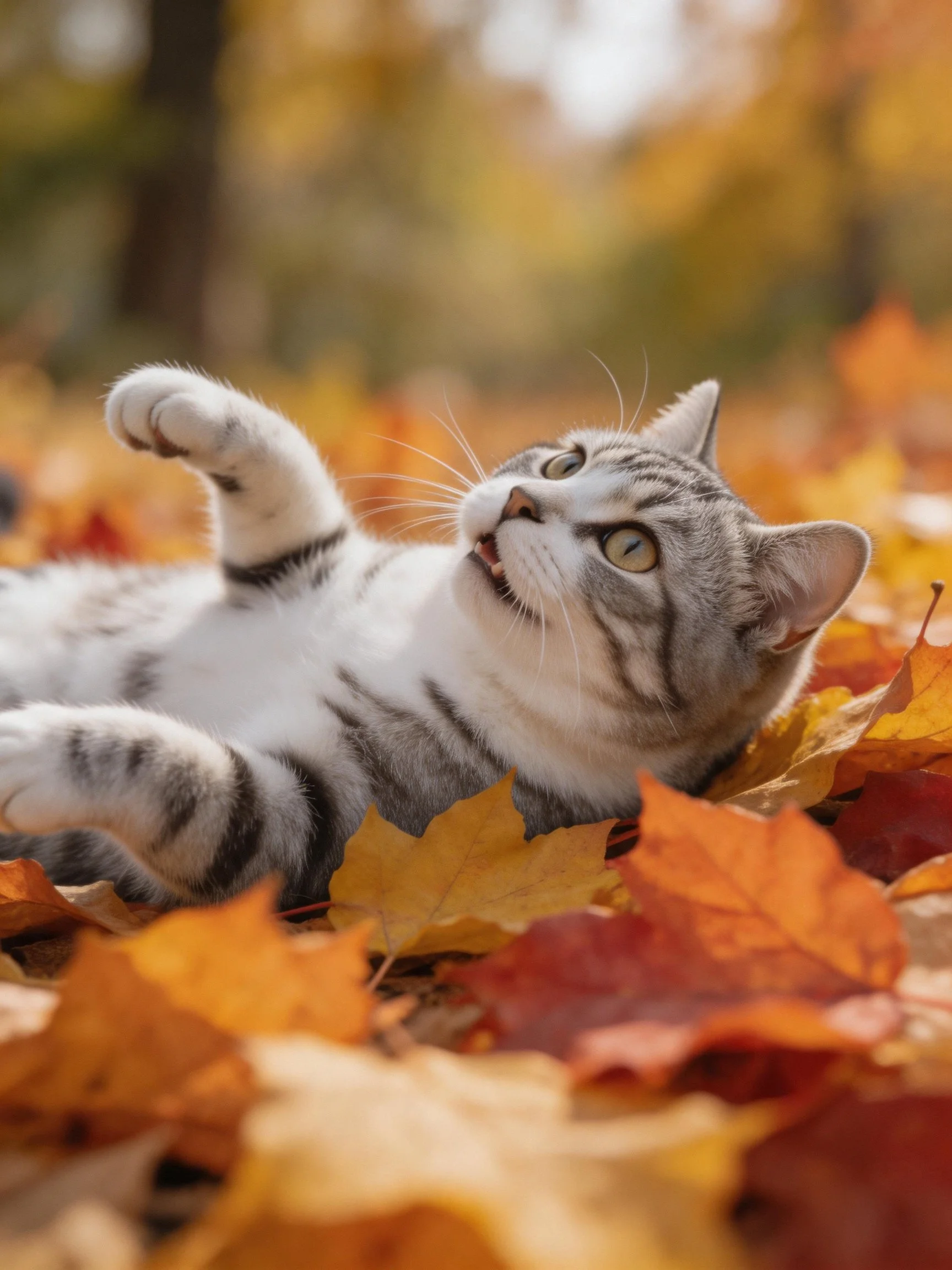 A playful tabby kitten lies amid vibrant autumn leaves