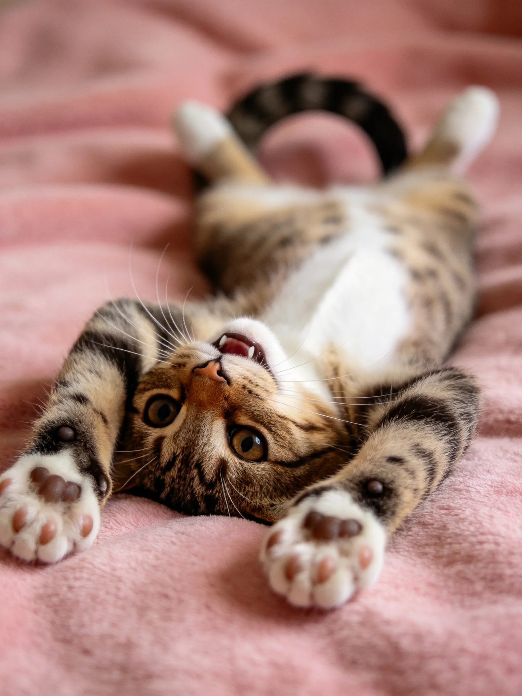 A playful tabby kitten lies upside down on a soft pink blanket
