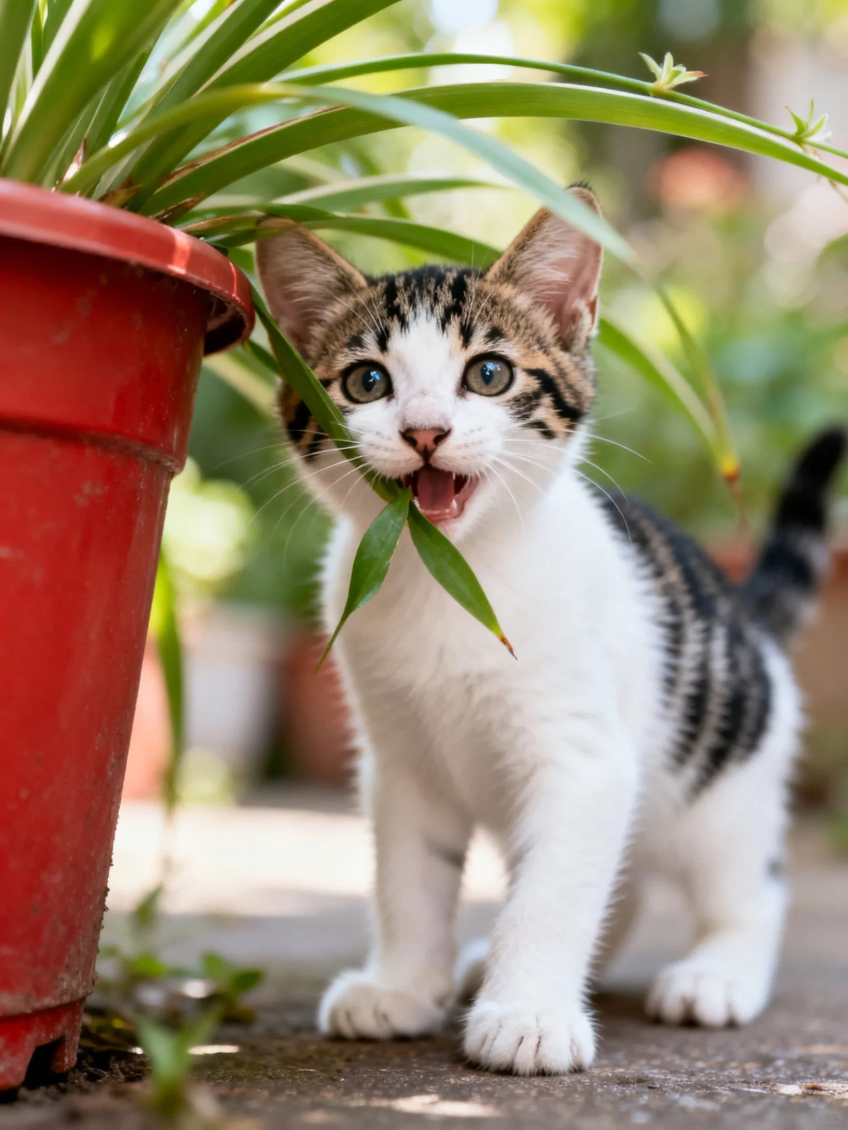 A playful tabby kitten nibbles green plant leaves near a red flowerpot