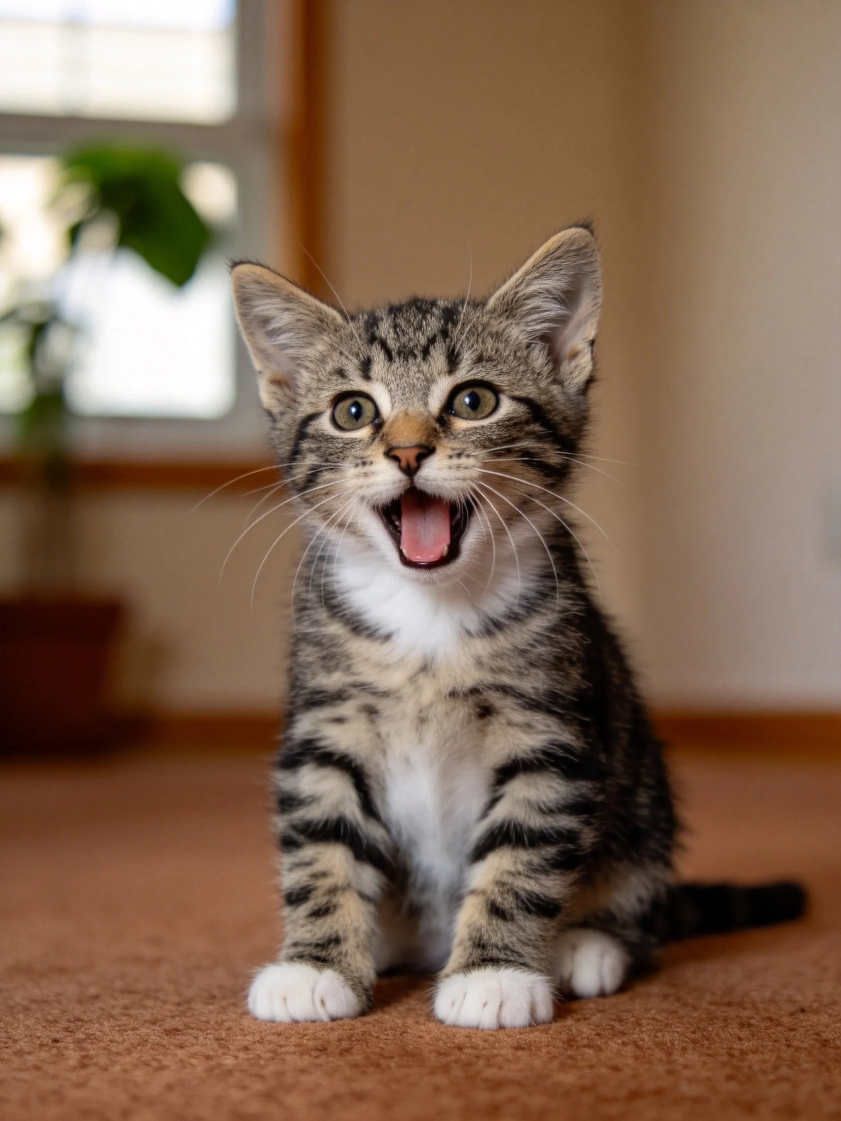 A playful tabby kitten sits on a brown carpet indoors