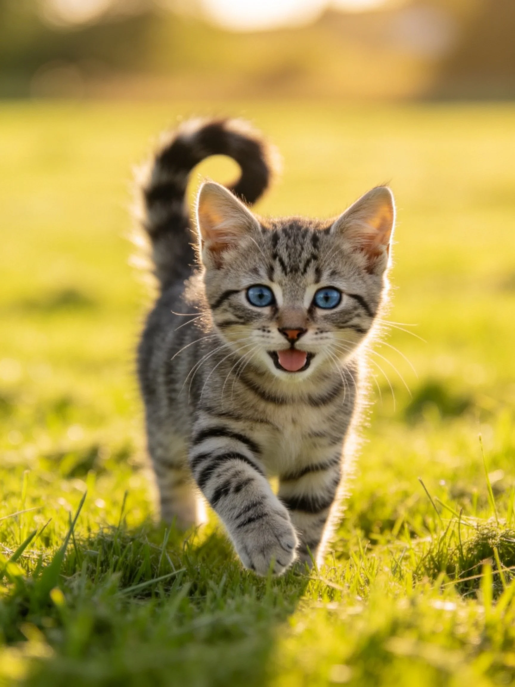 A playful tabby kitten with bright blue eyes exploring green grass