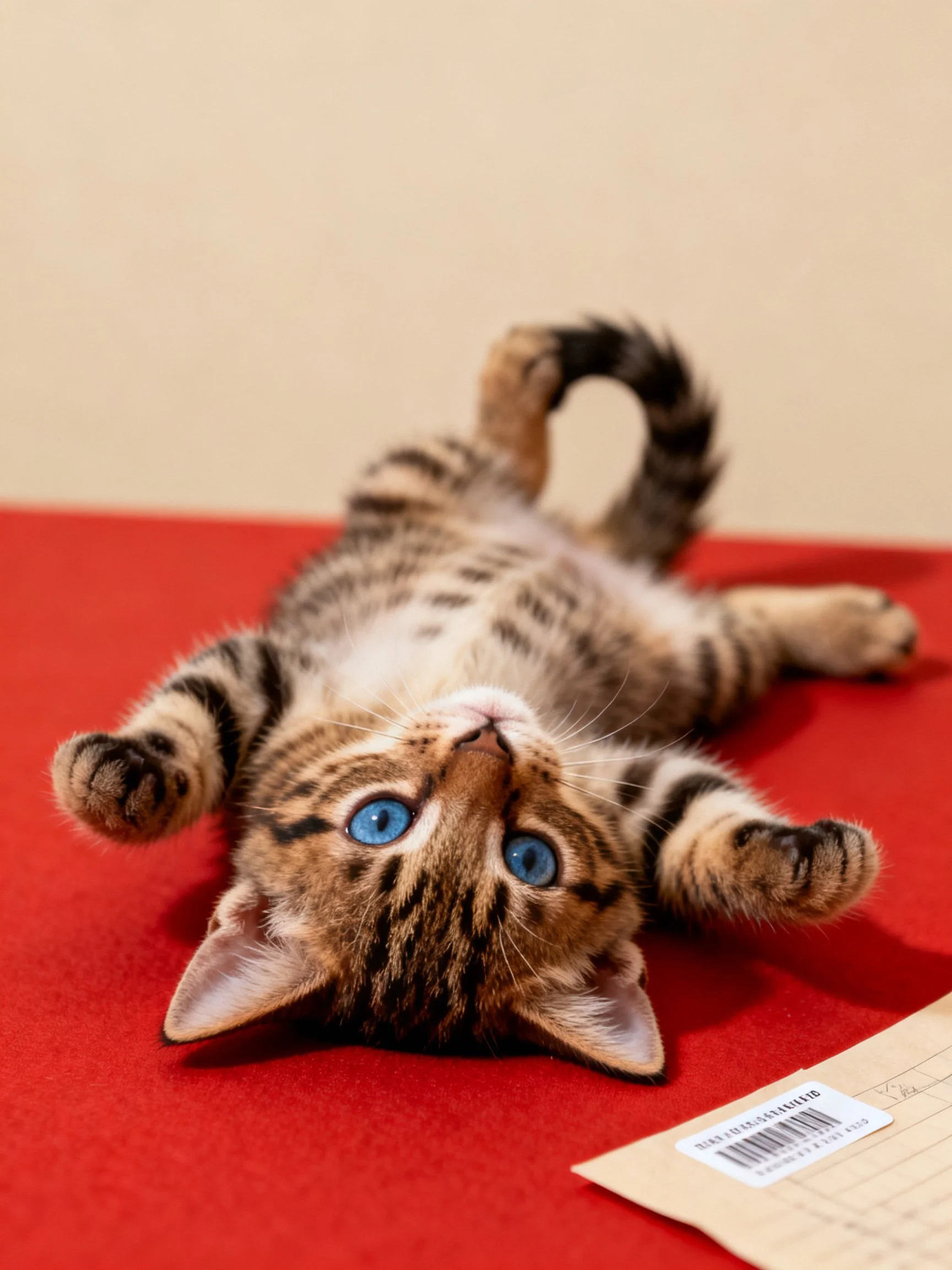 A playful tabby kitten with bright blue eyes lies on a red surface