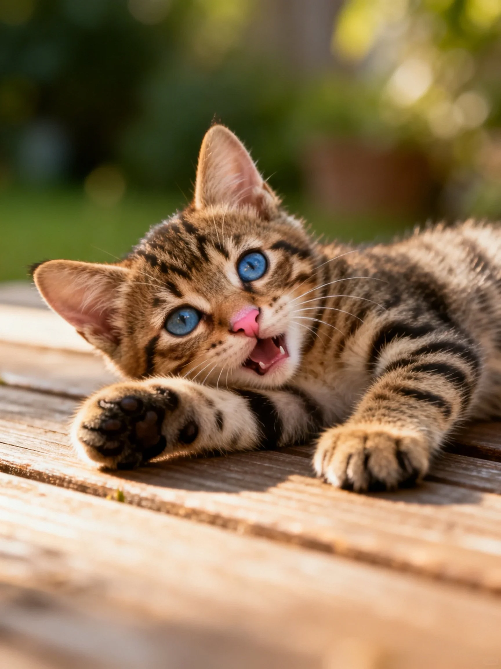 A playful tabby kitten with bright blue eyes lies on a wooden deck