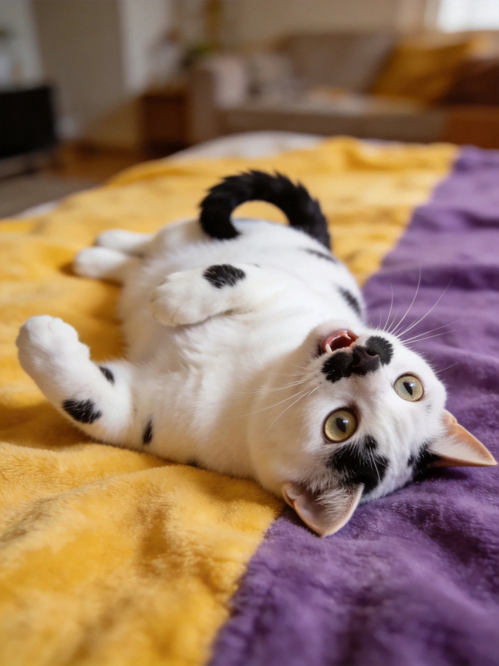 A playful white cat with black spots lies on a yellow-purple blanket