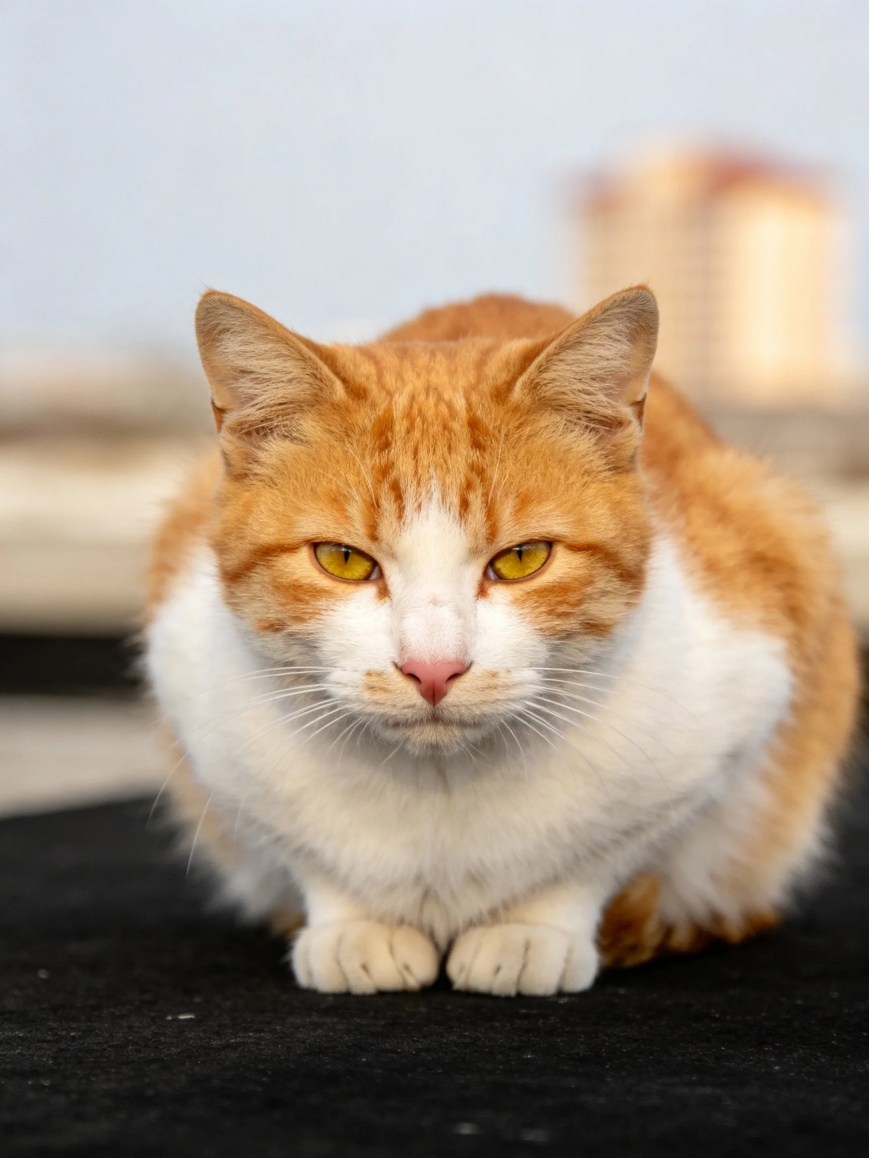 A plump orange and white cat sits on a dark surface