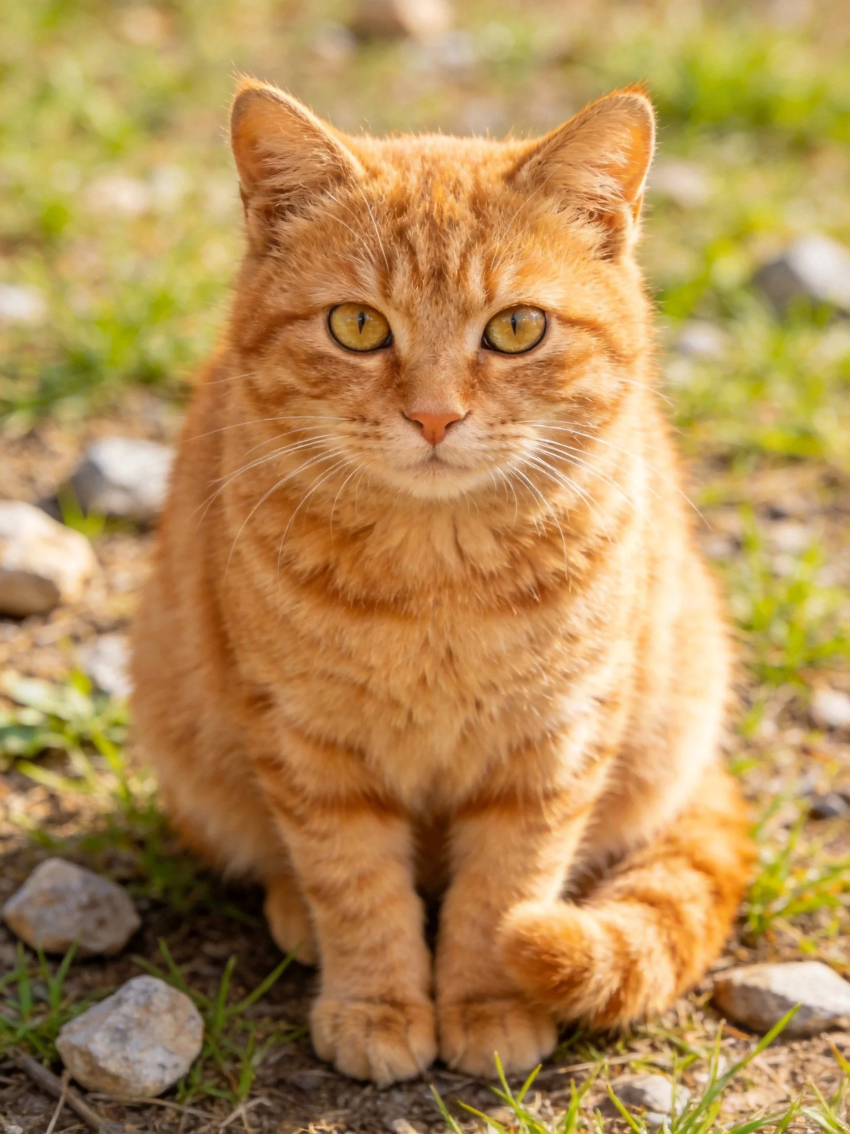 A plump orange tabby cat sits calmly among scattered rocks and grass.