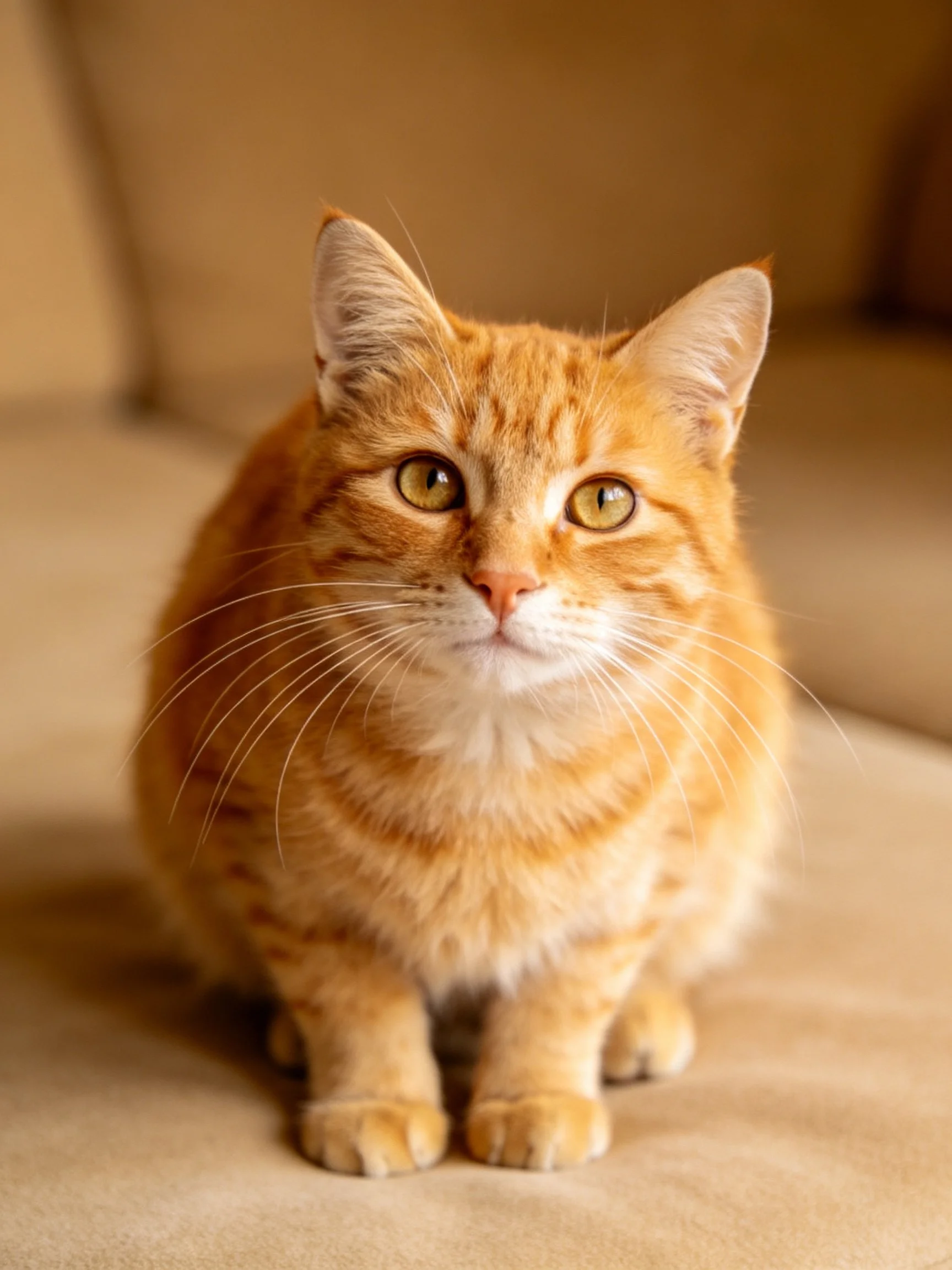 A plump orange tabby cat sits calmly on a beige couch.