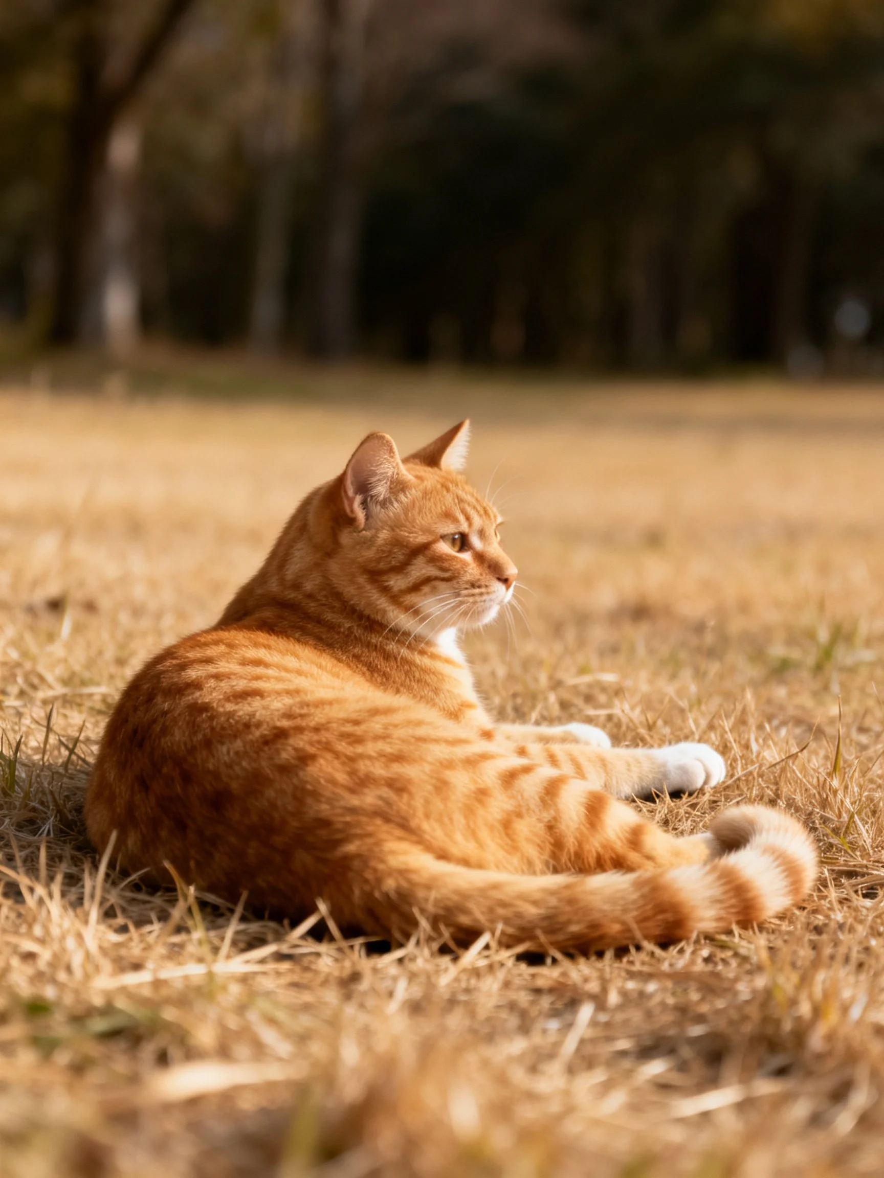 A plump orange tabby lounges on dry grass near trees