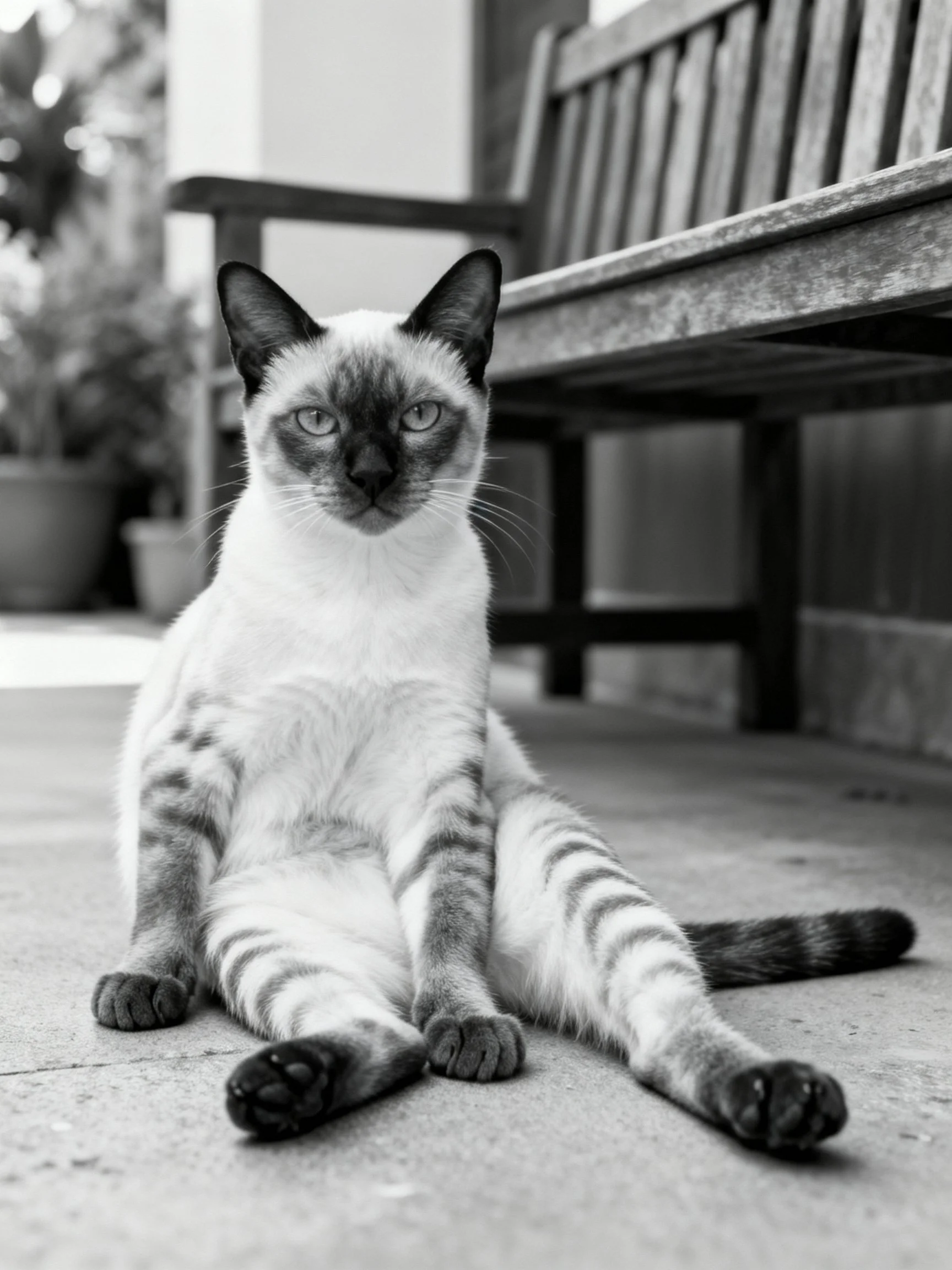 A poised Siamese cat lounging near an aged wooden bench