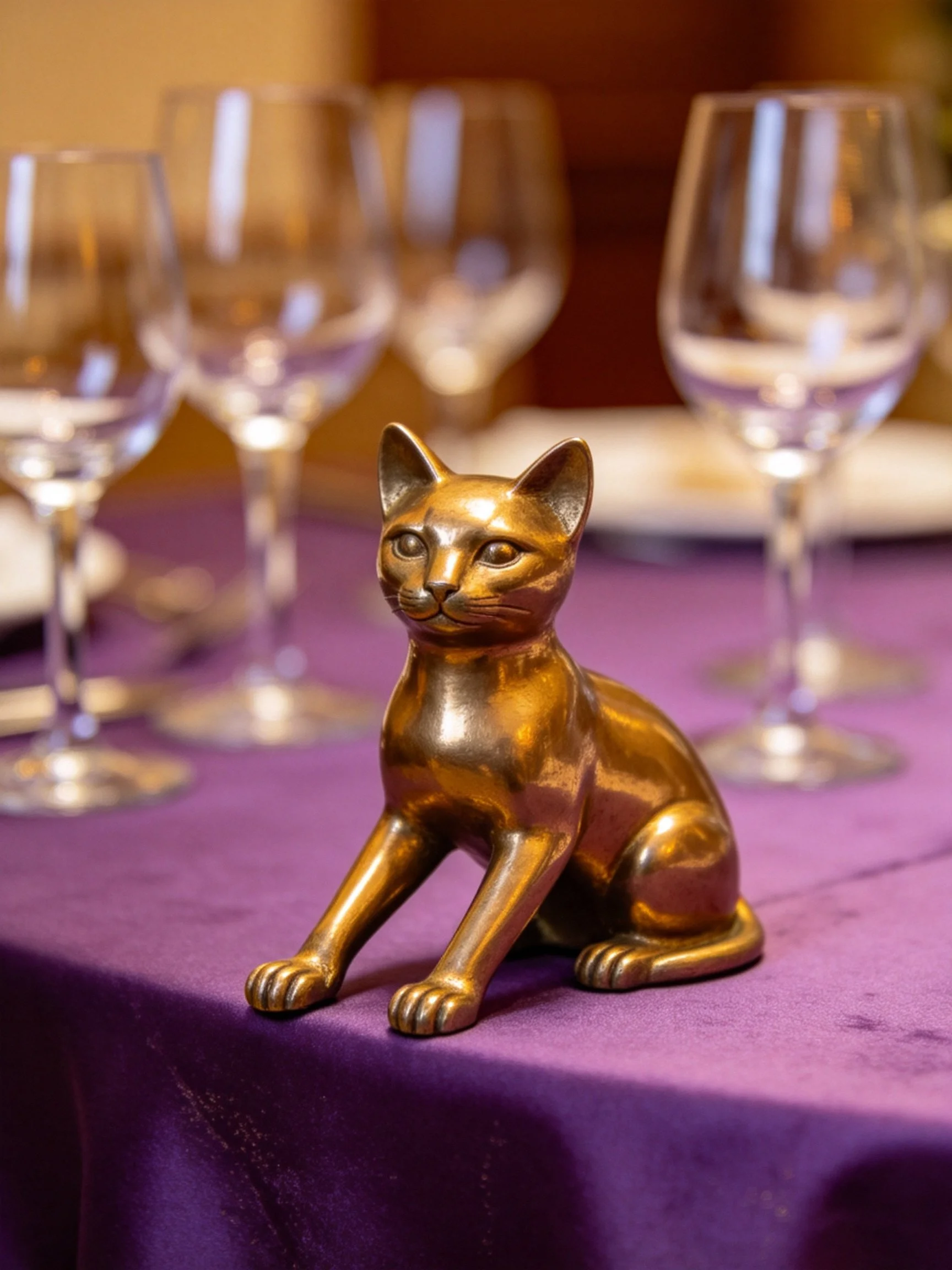 A polished bronze cat figurine rests on a deep purple cloth beside wine glasses
