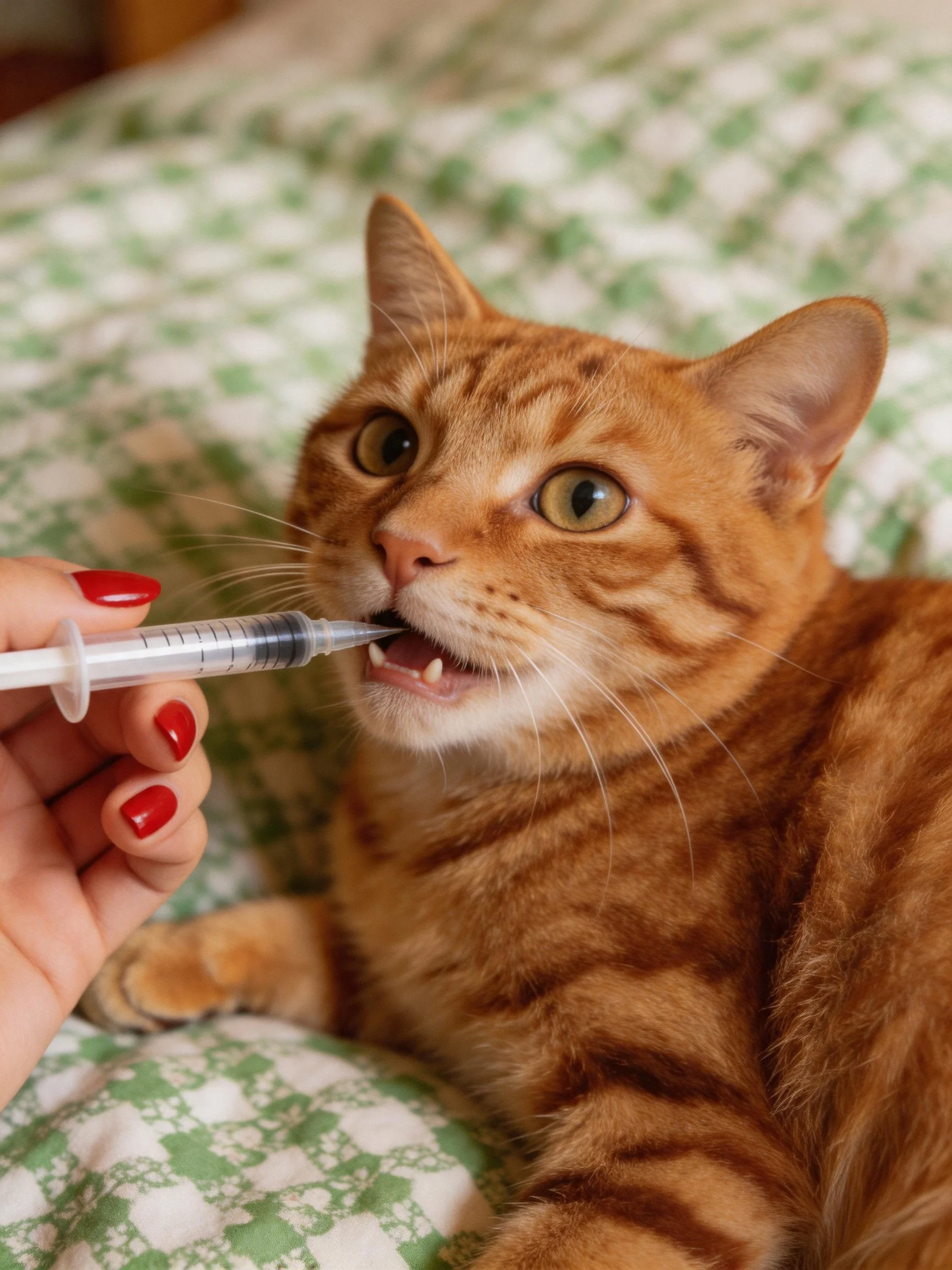 A red - nailed hand administers medication to an orange tabby cat