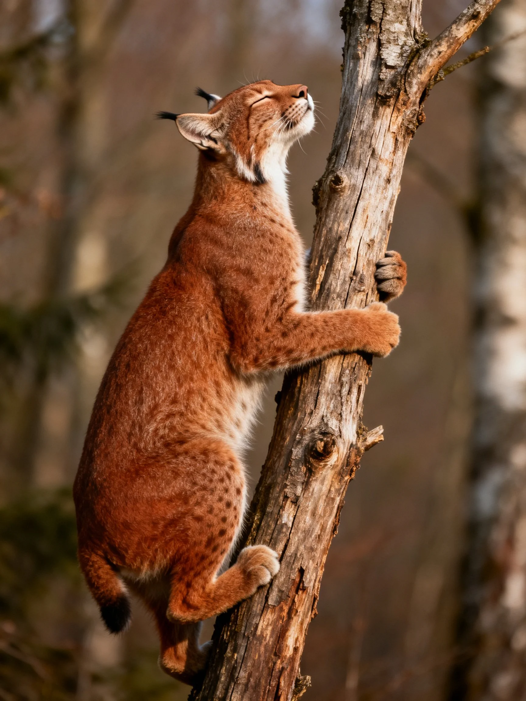 A reddish-brown lynx climbs a gnarled tree trunk