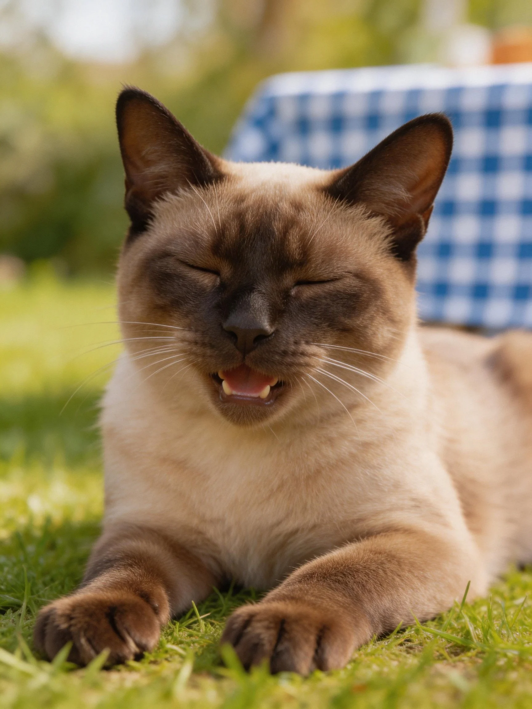A relaxed Siamese cat lounging on green grass near a blue checkered cloth