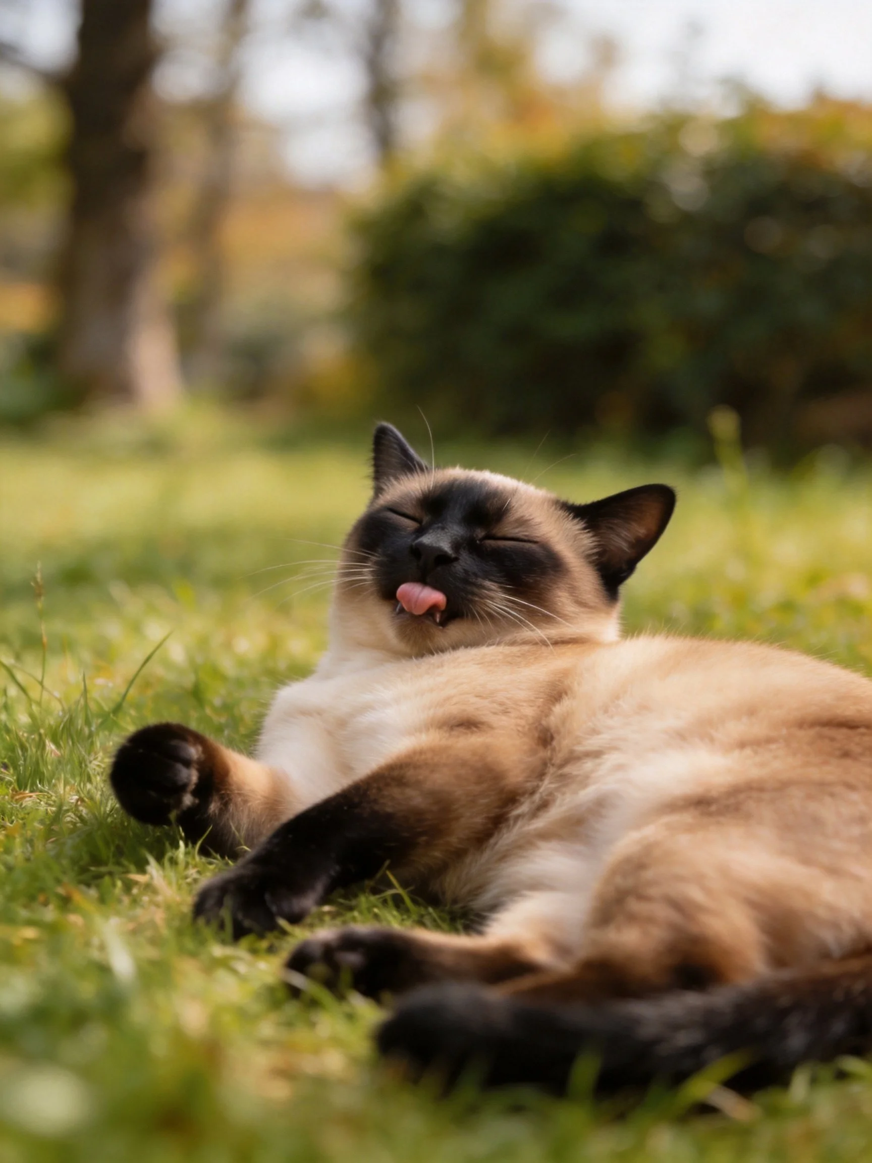 A relaxed Siamese cat lounging on lush green grass outdoors