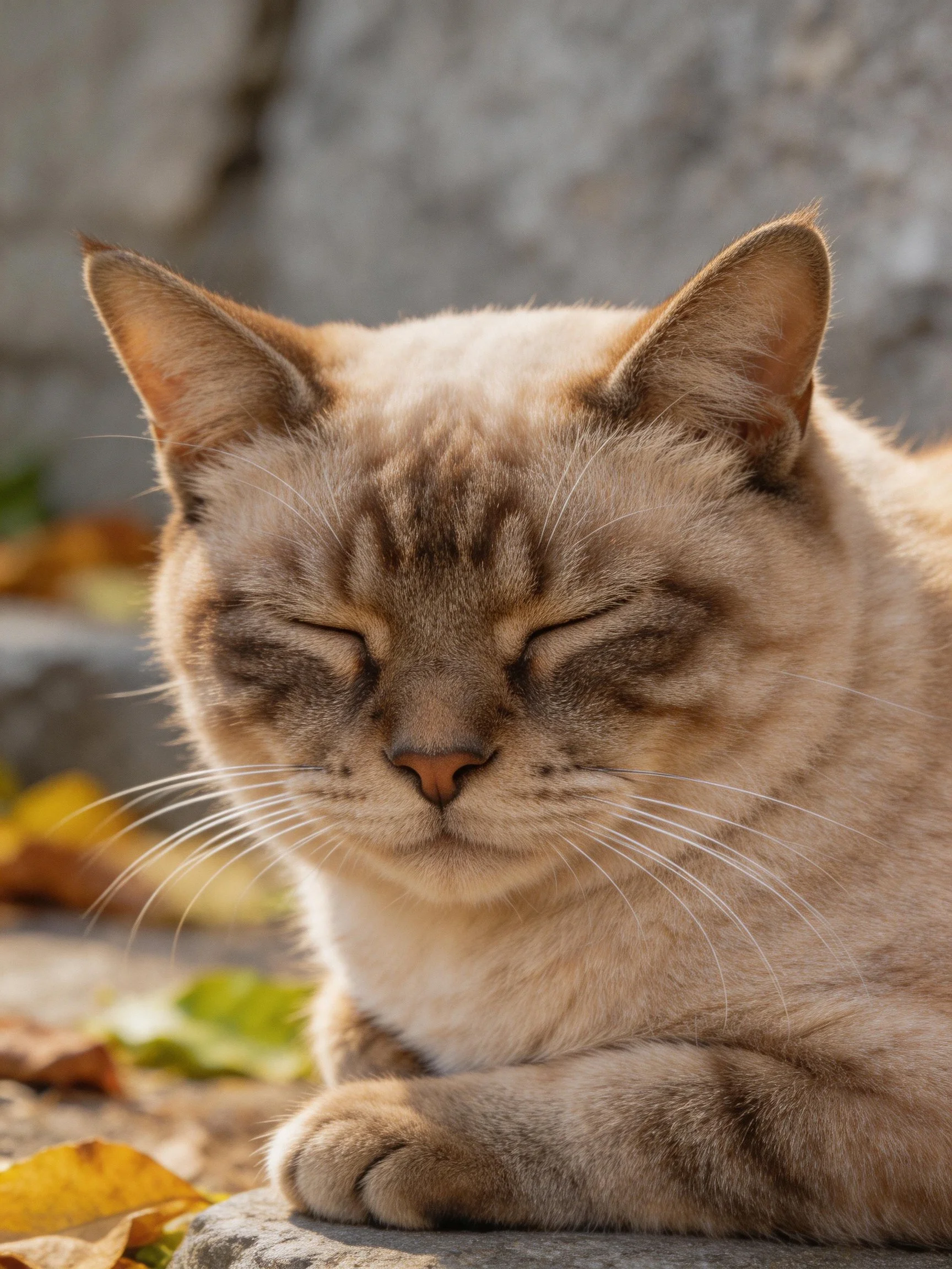 A relaxed Siamese cat napping outdoors amidst stone and leaves