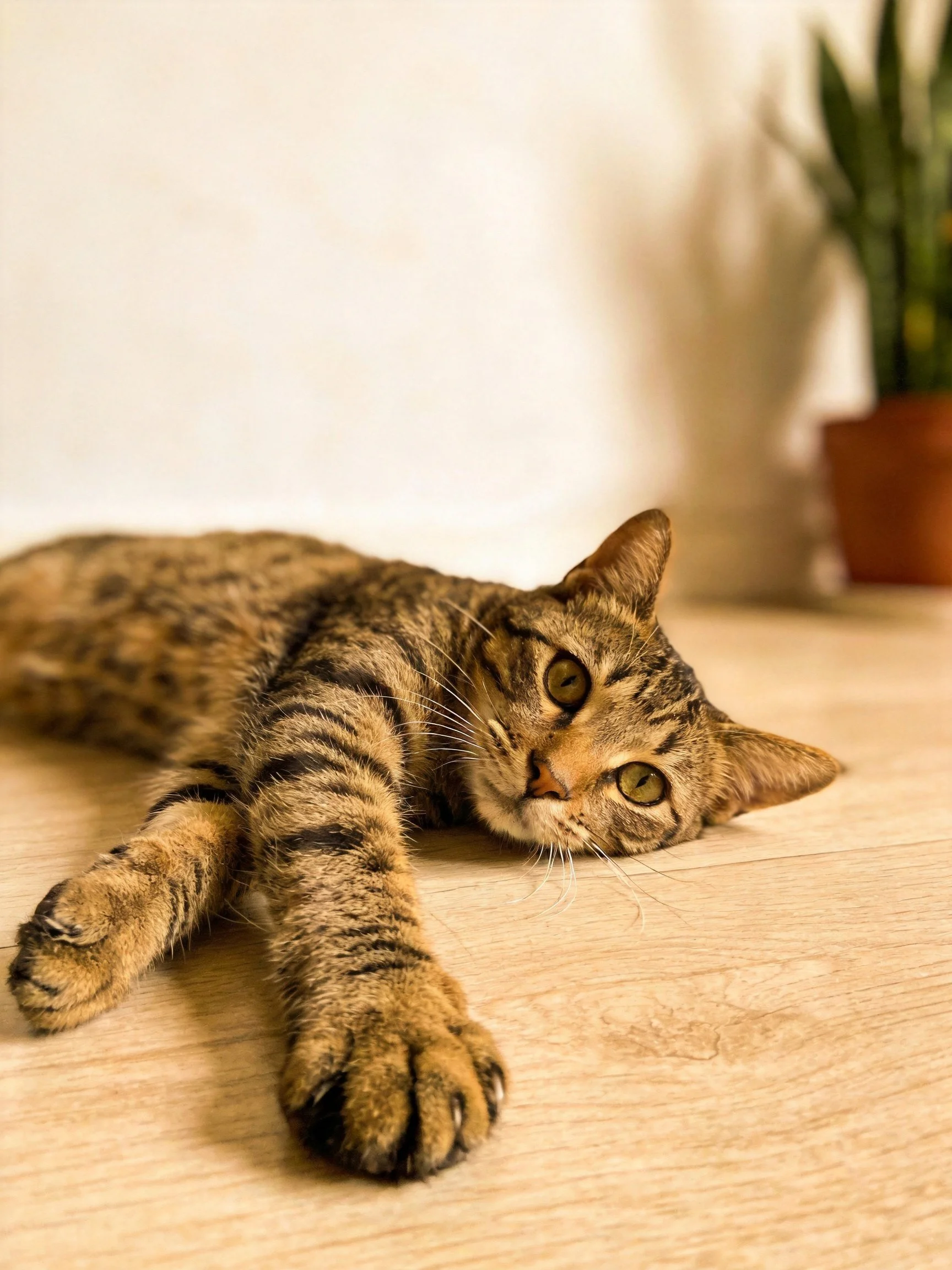 A relaxed brown tabby cat lounging on a light wood floor near a potted plant