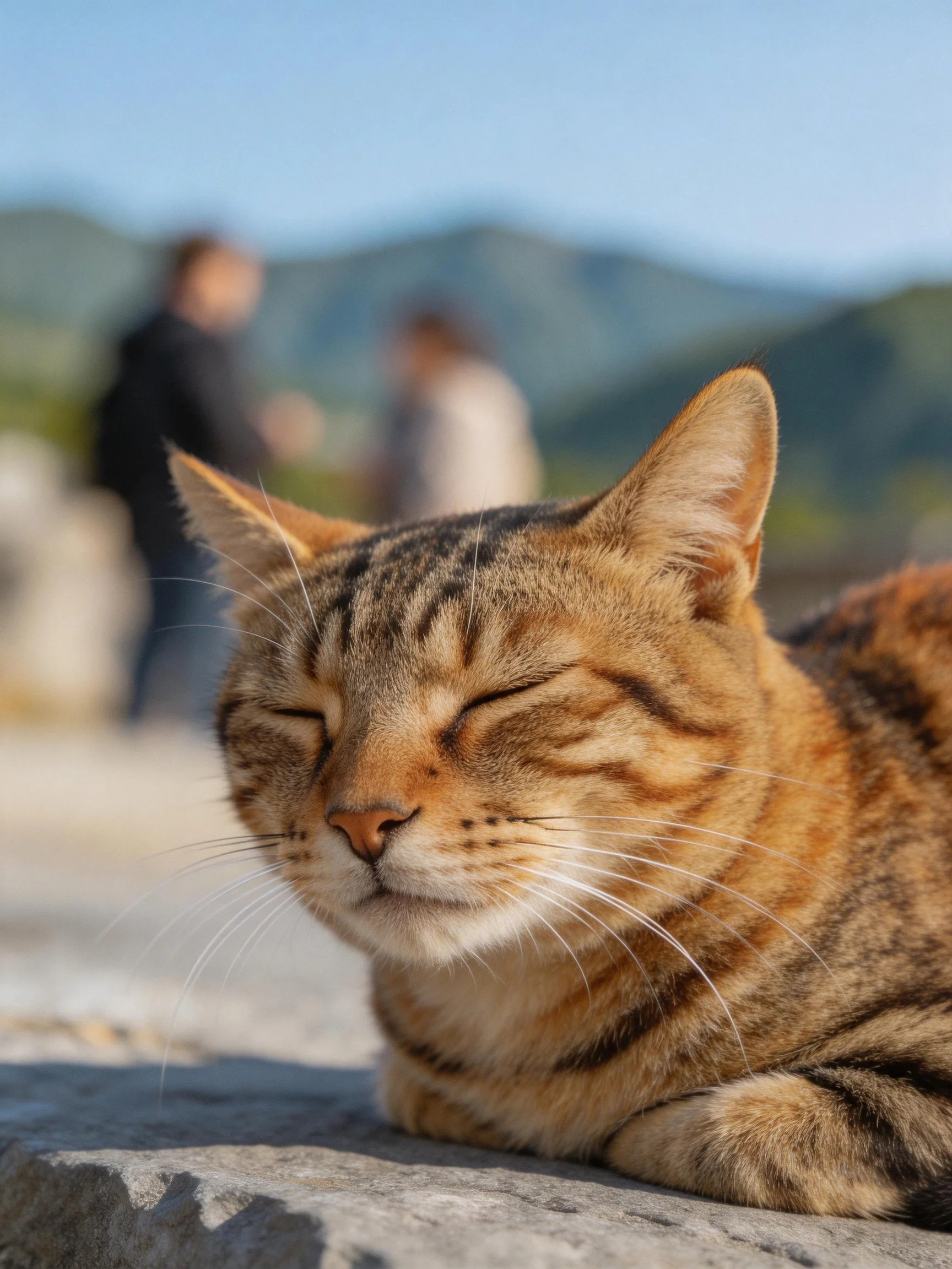 A relaxed brown tabby cat resting on stone near blurred figures