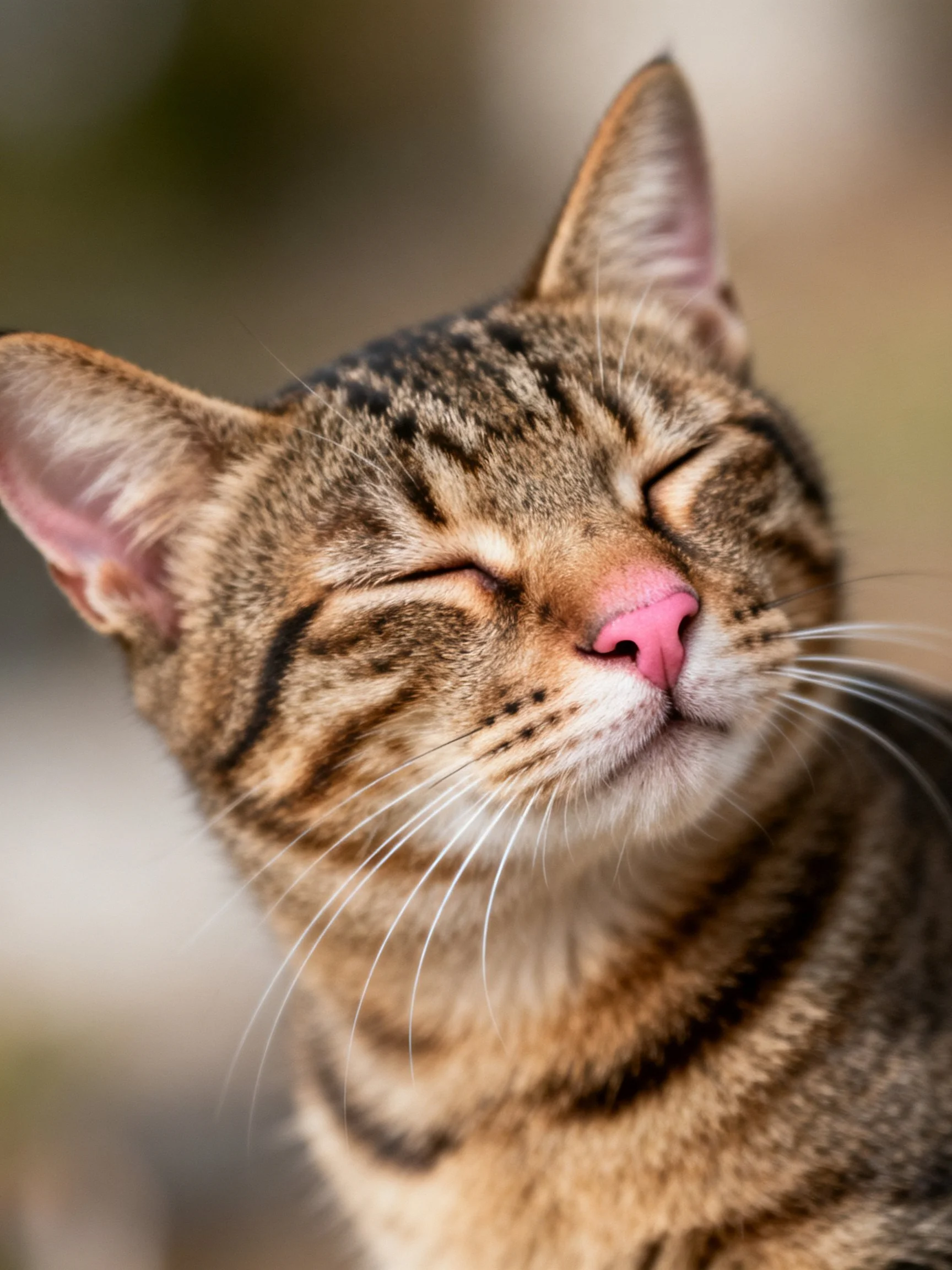 A relaxed brown tabby cat with closed eyes and pink nose