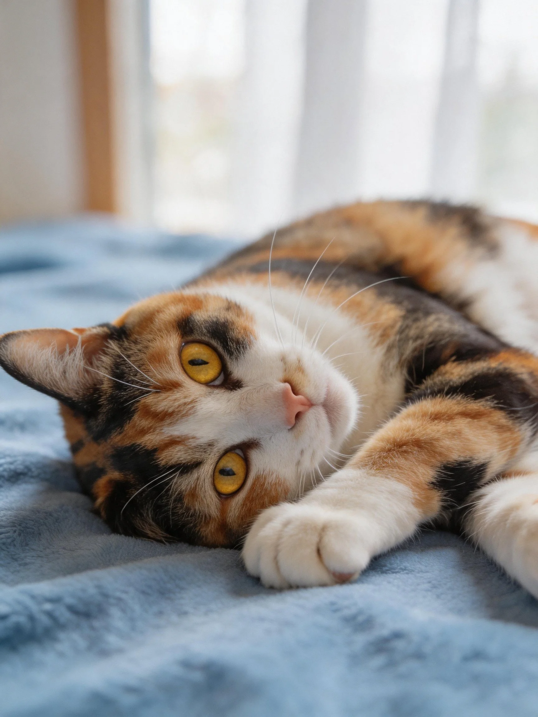 A relaxed calico cat resting on a soft blue blanket by bright windows