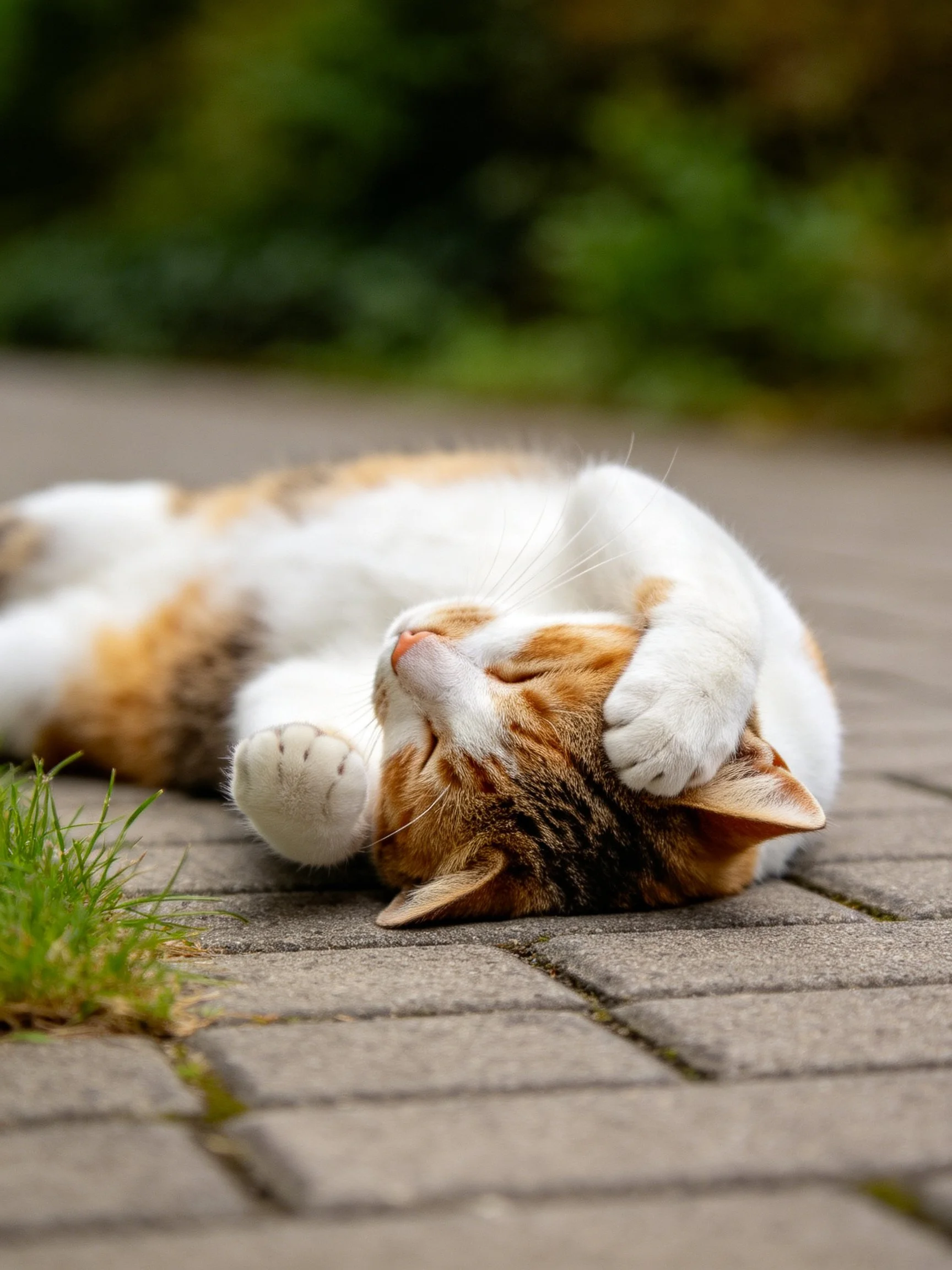 A relaxed calico cat rests on a paved patio near greenery