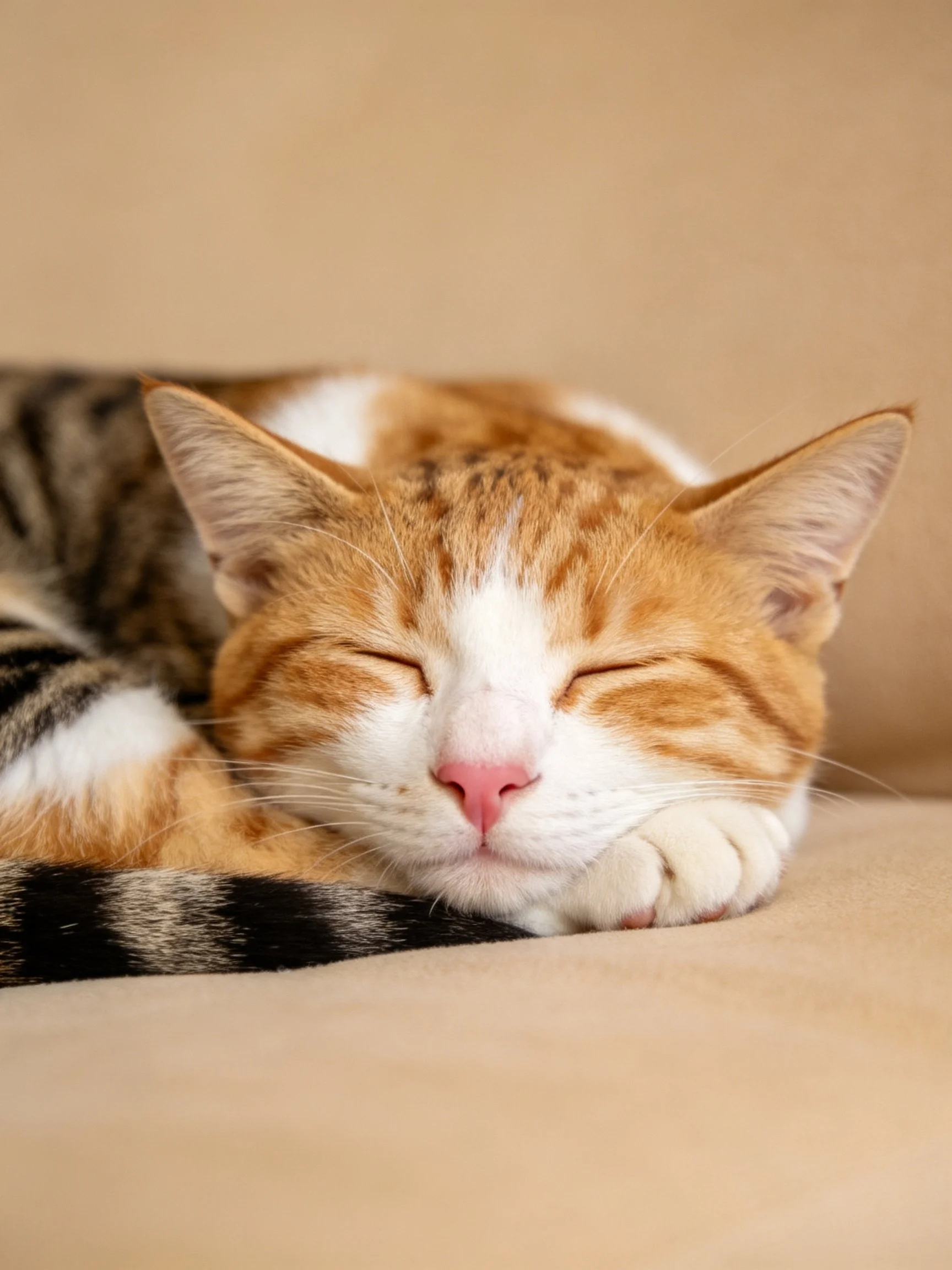 A relaxed calico cat sleeps on a soft beige fabric