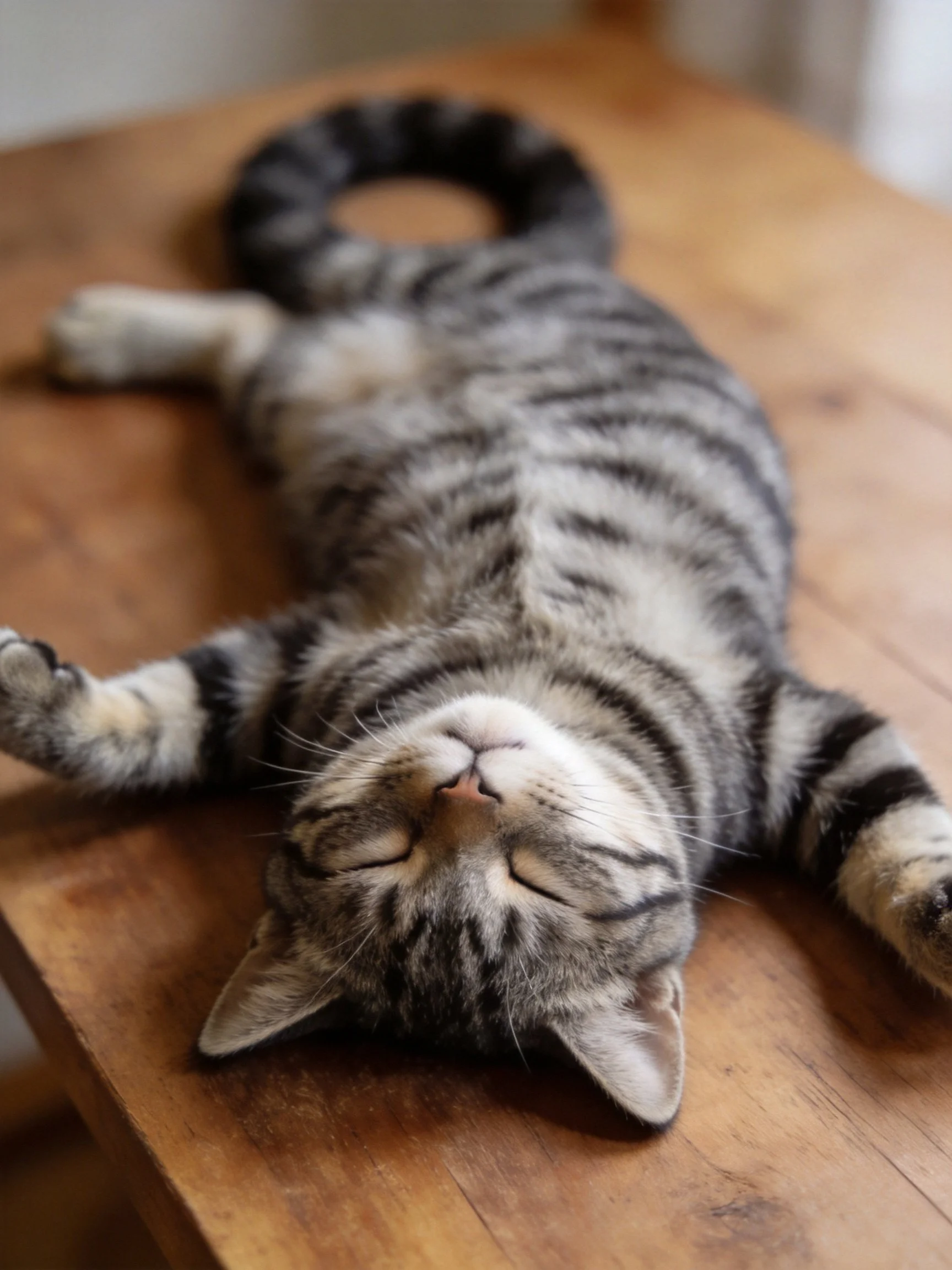 A relaxed gray tabby cat sprawls on a wooden table