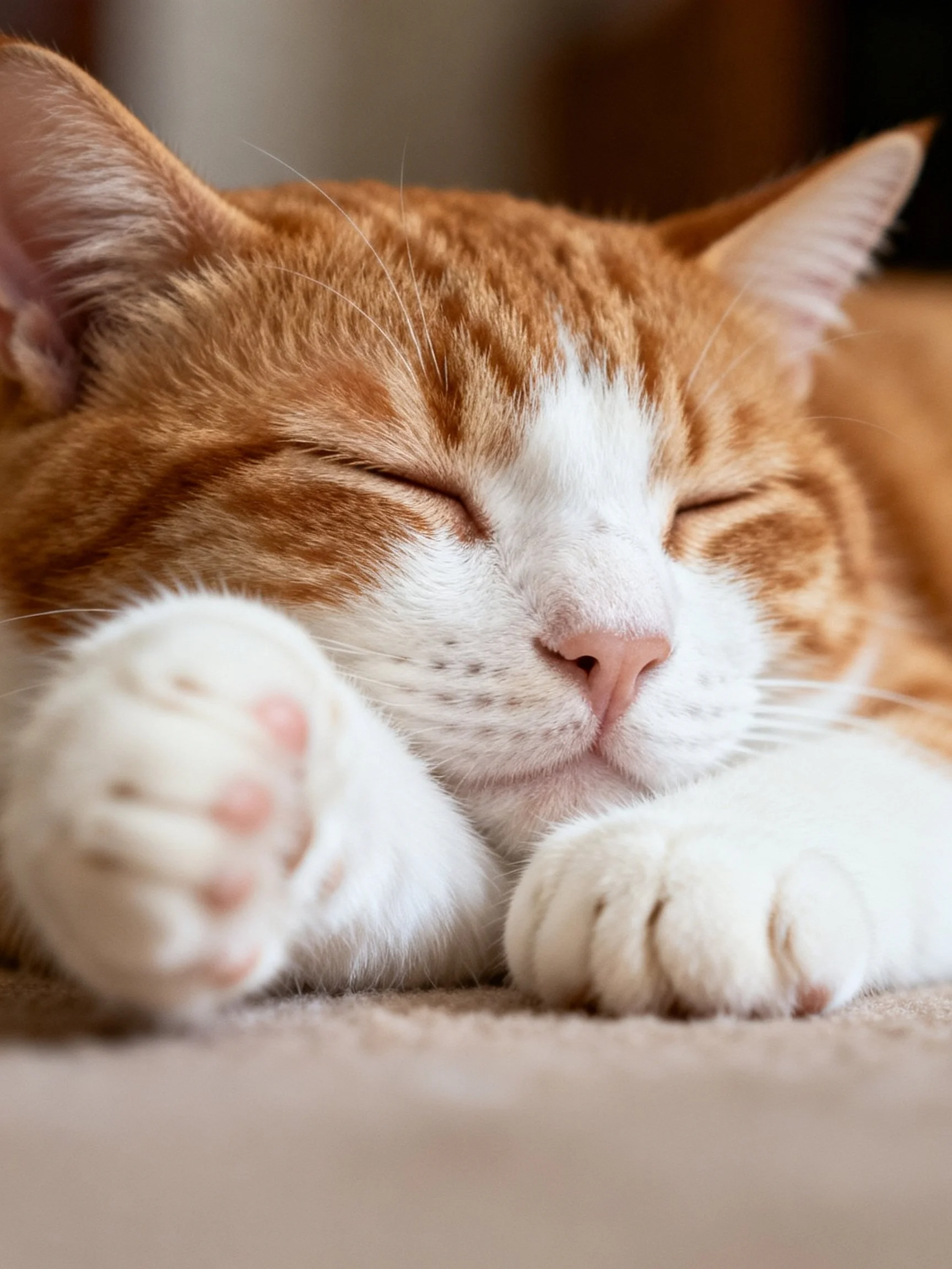 A relaxed orange and white cat sleeps peacefully with closed eyes