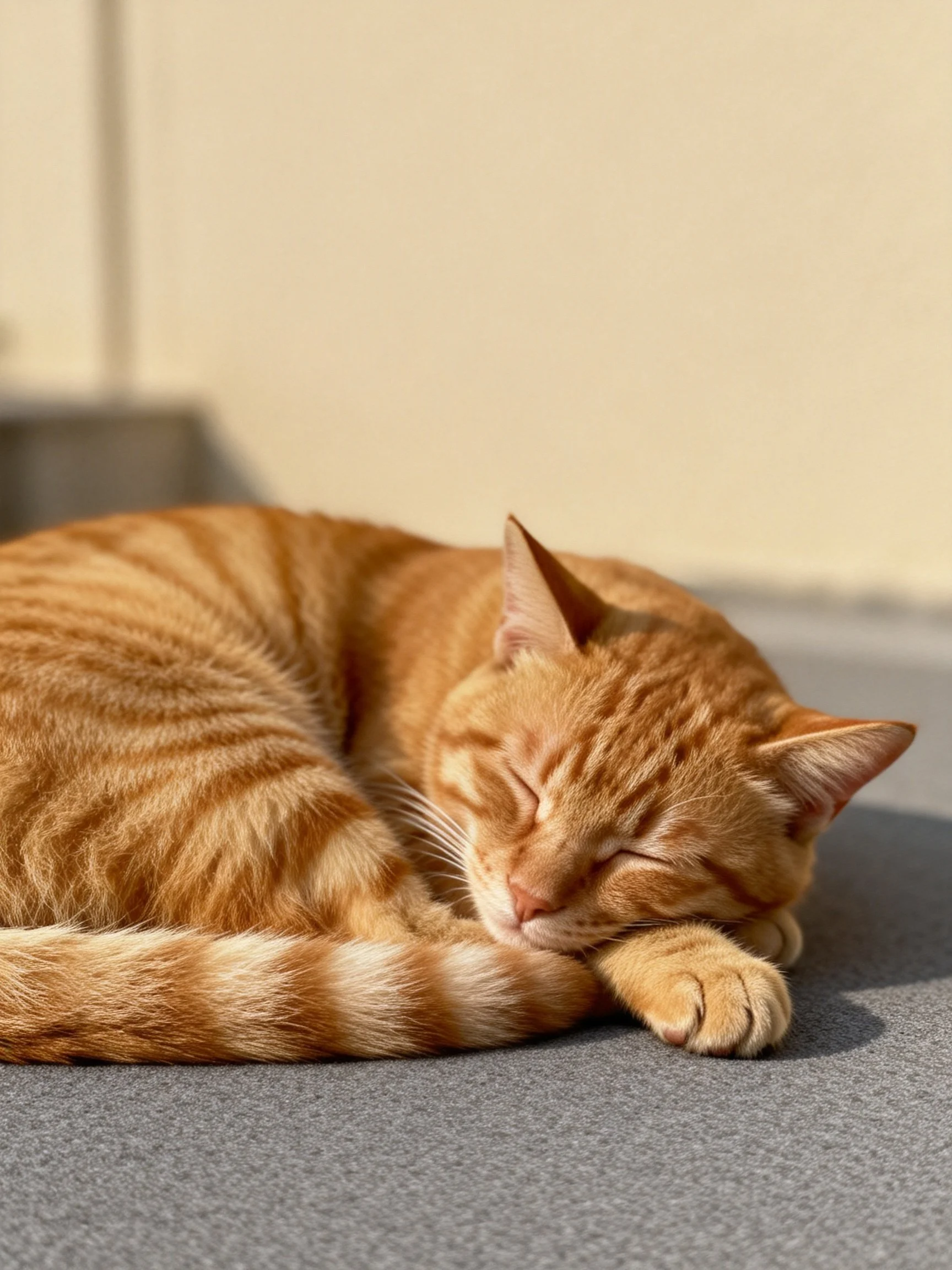 A relaxed orange tabby cat curled up on a gray fabric surface
