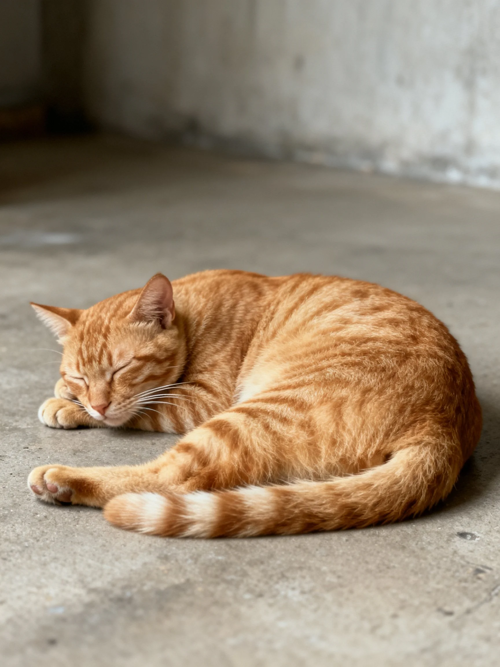 A relaxed orange tabby cat curls up asleep on a plainconcrete floor.
