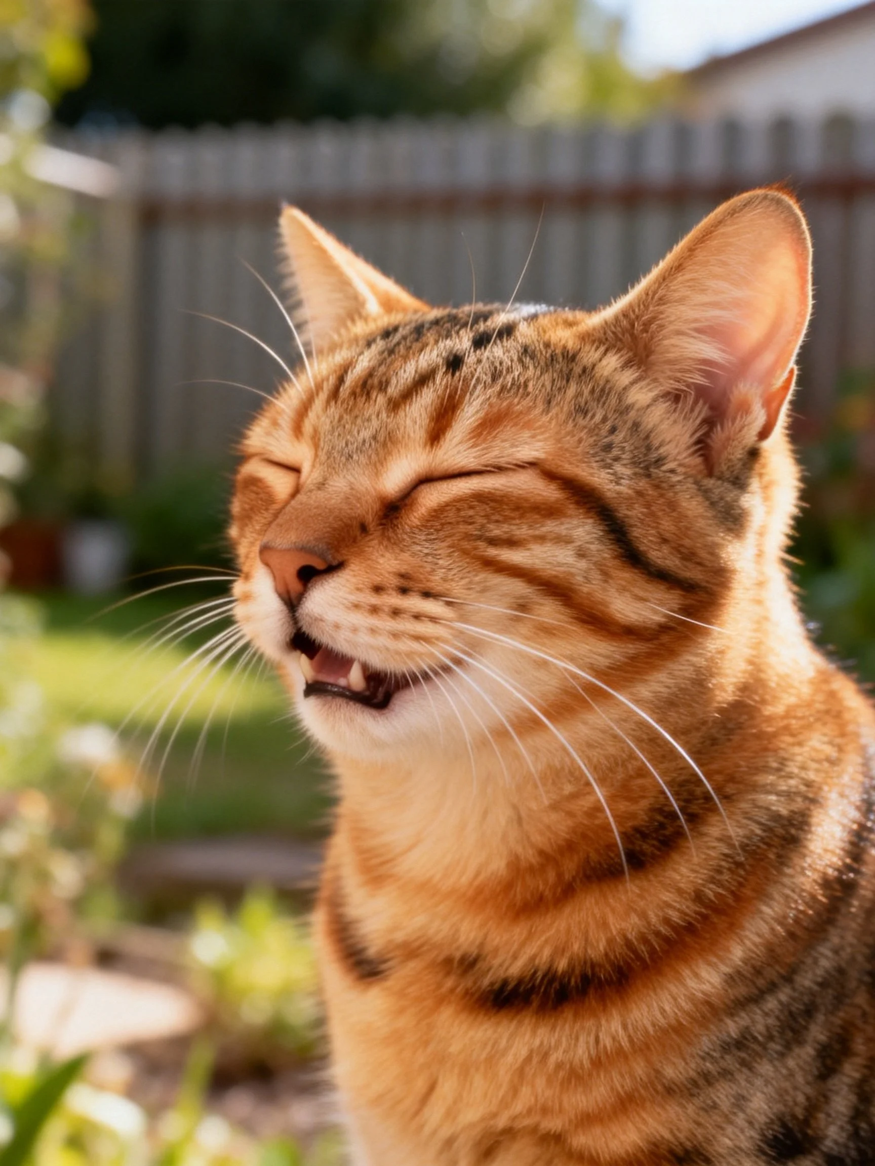 A relaxed orange tabby cat enjoying sunlight outdoors