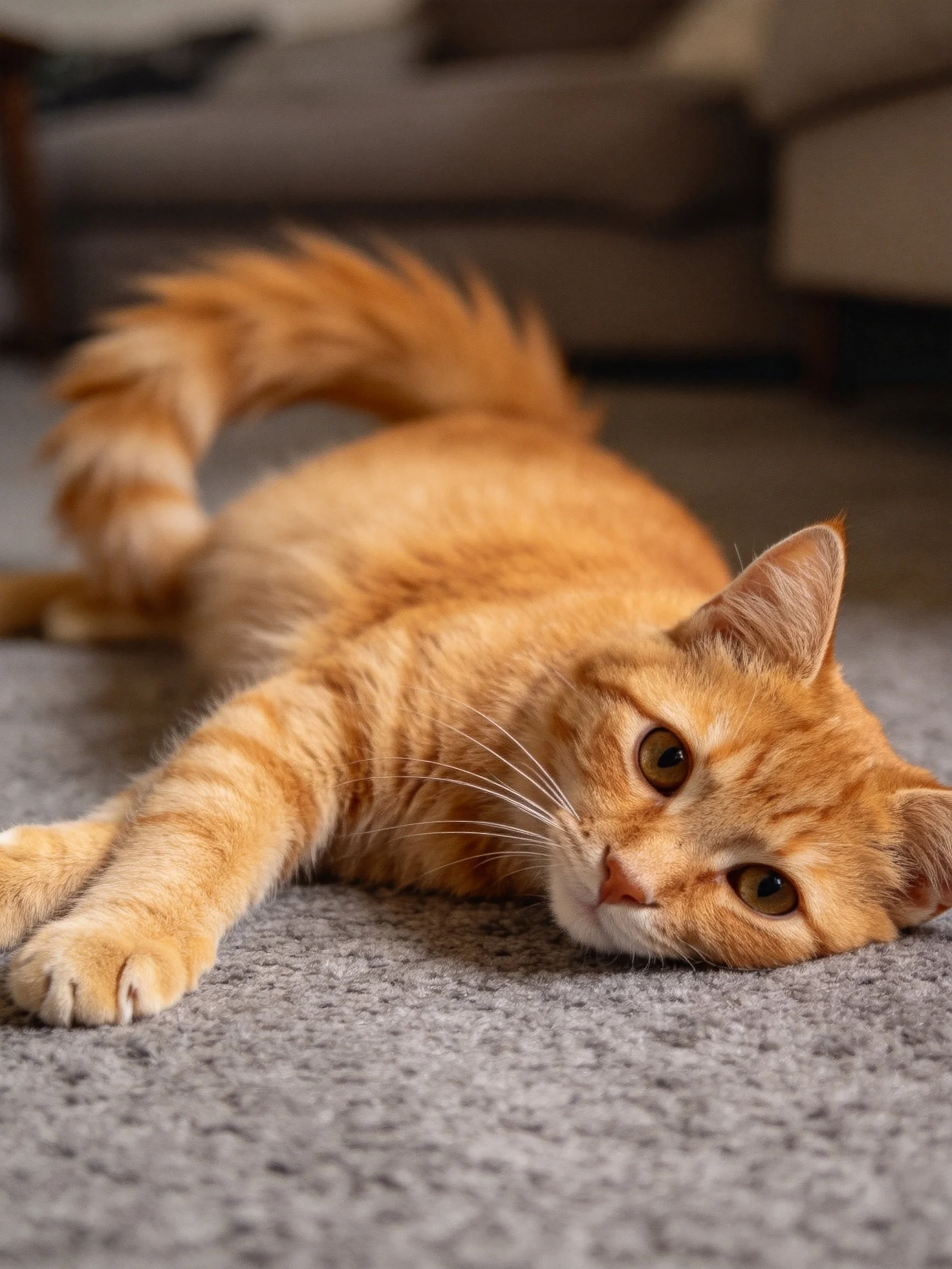A relaxed orange tabby cat lies on a soft gray carpet