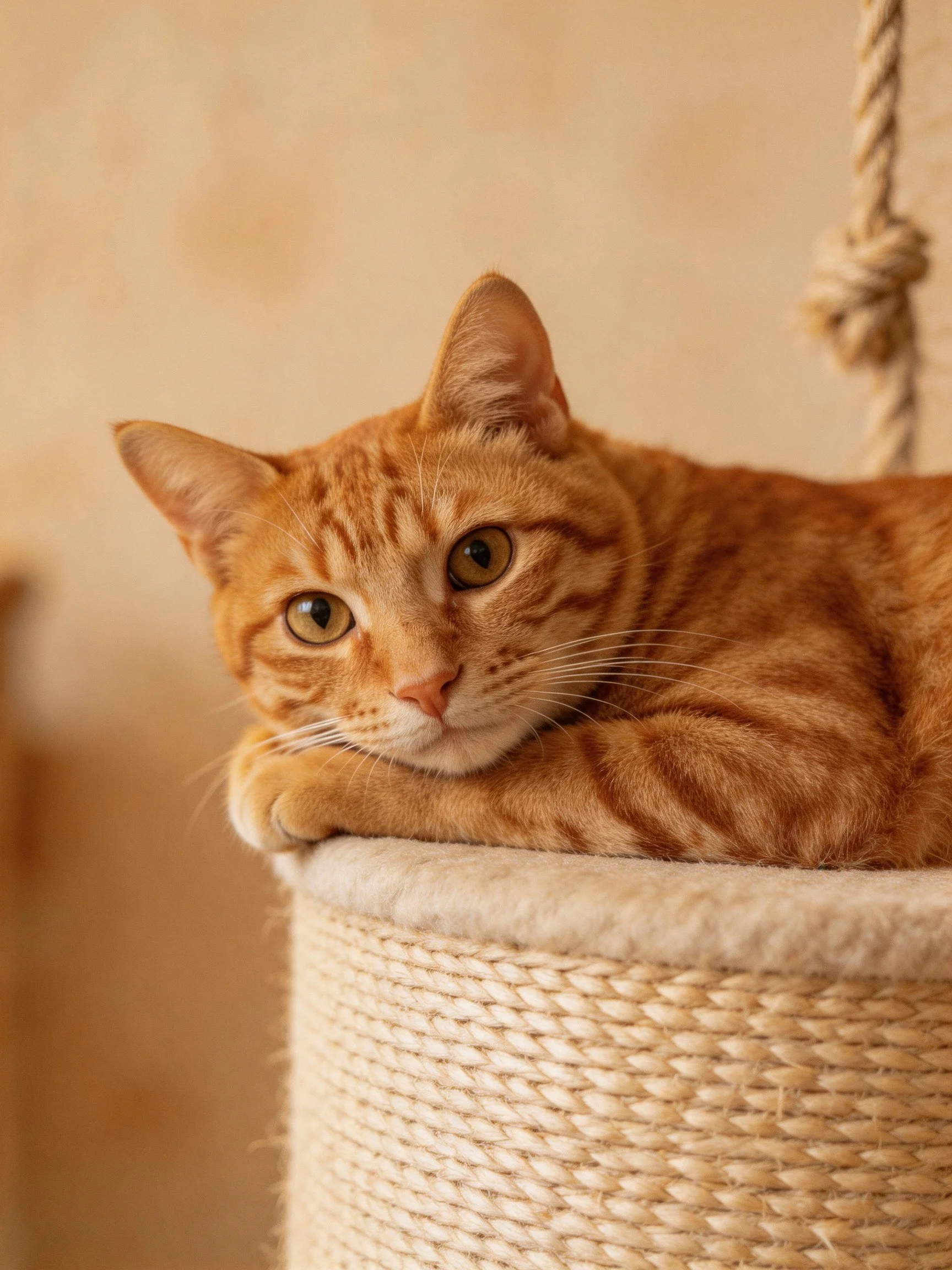 A relaxed orange tabby cat lounging in a woven hanging basket
