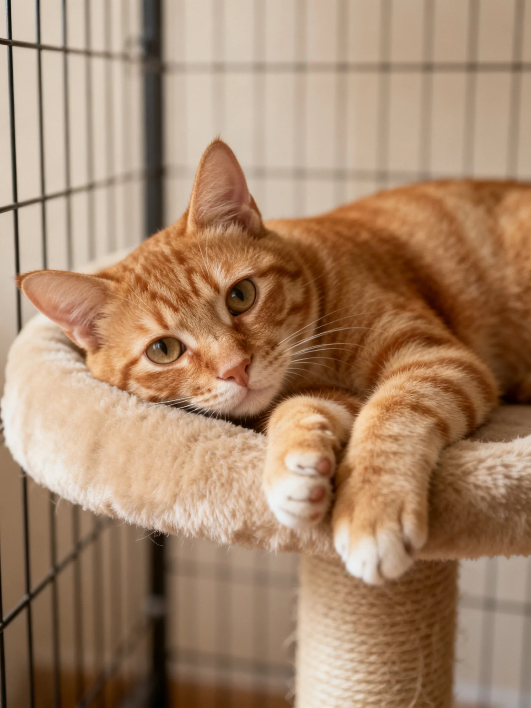 A relaxed orange tabby cat lounging on a plush pet bed
