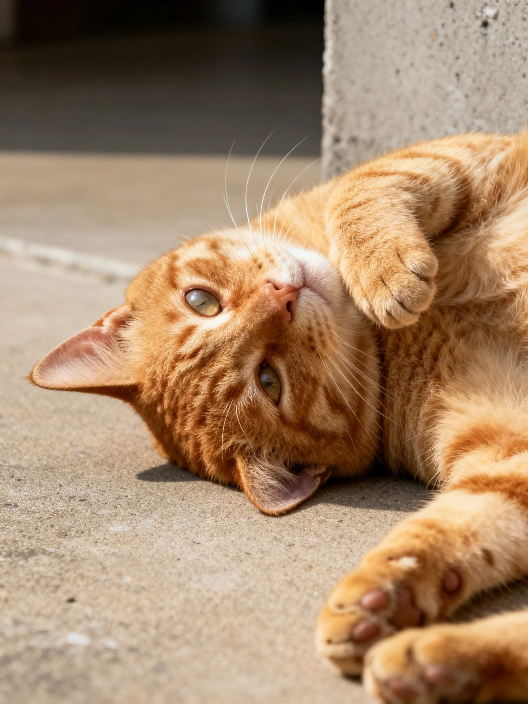 A relaxed orange tabby cat lounging on smooth concrete