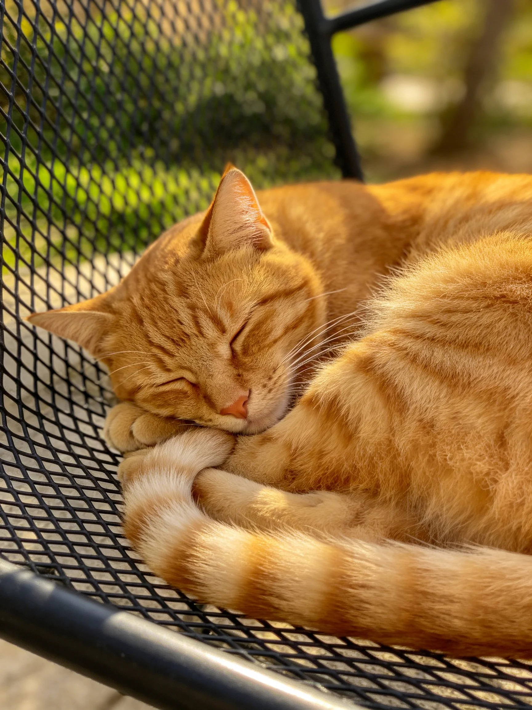 A relaxed orange tabby cat napping on a black mesh chair