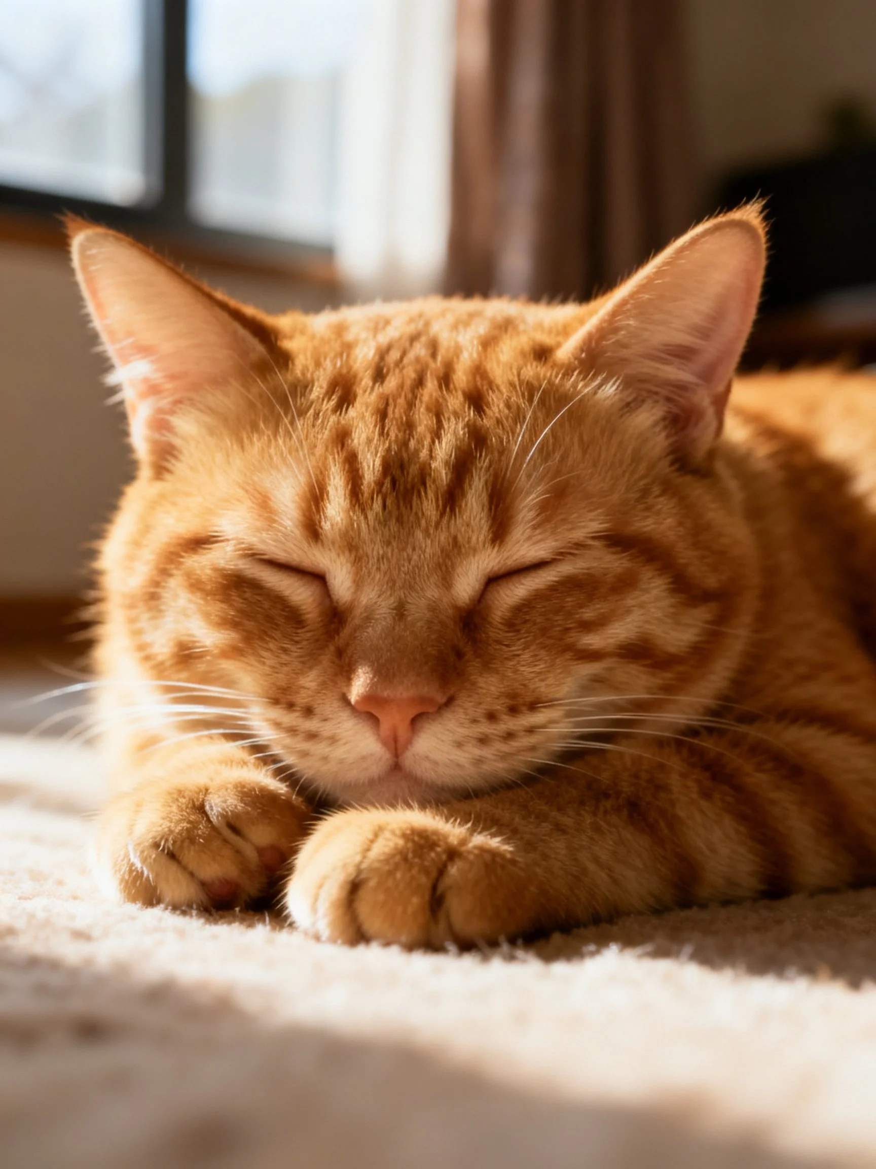 A relaxed orange tabby cat napping on a soft carpet near a window
