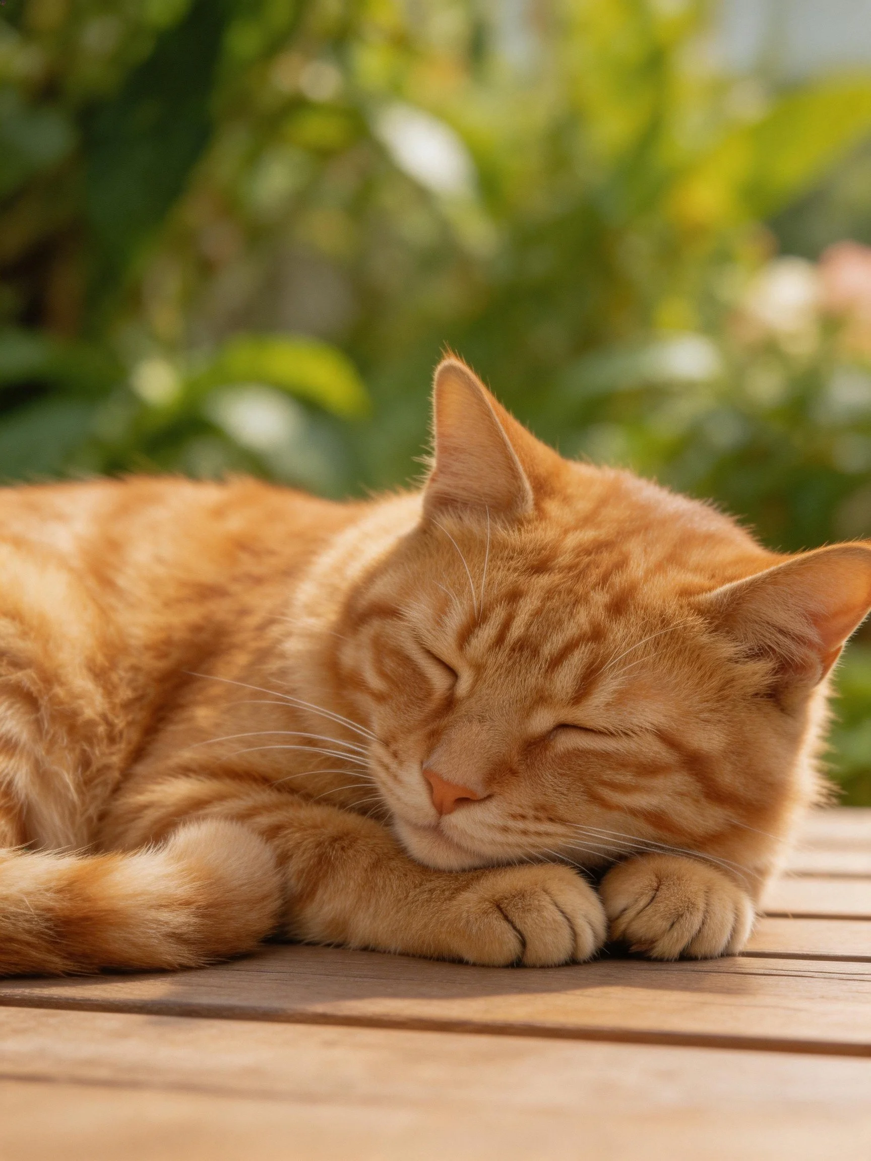 A relaxed orange tabby cat napping on a wooden surface