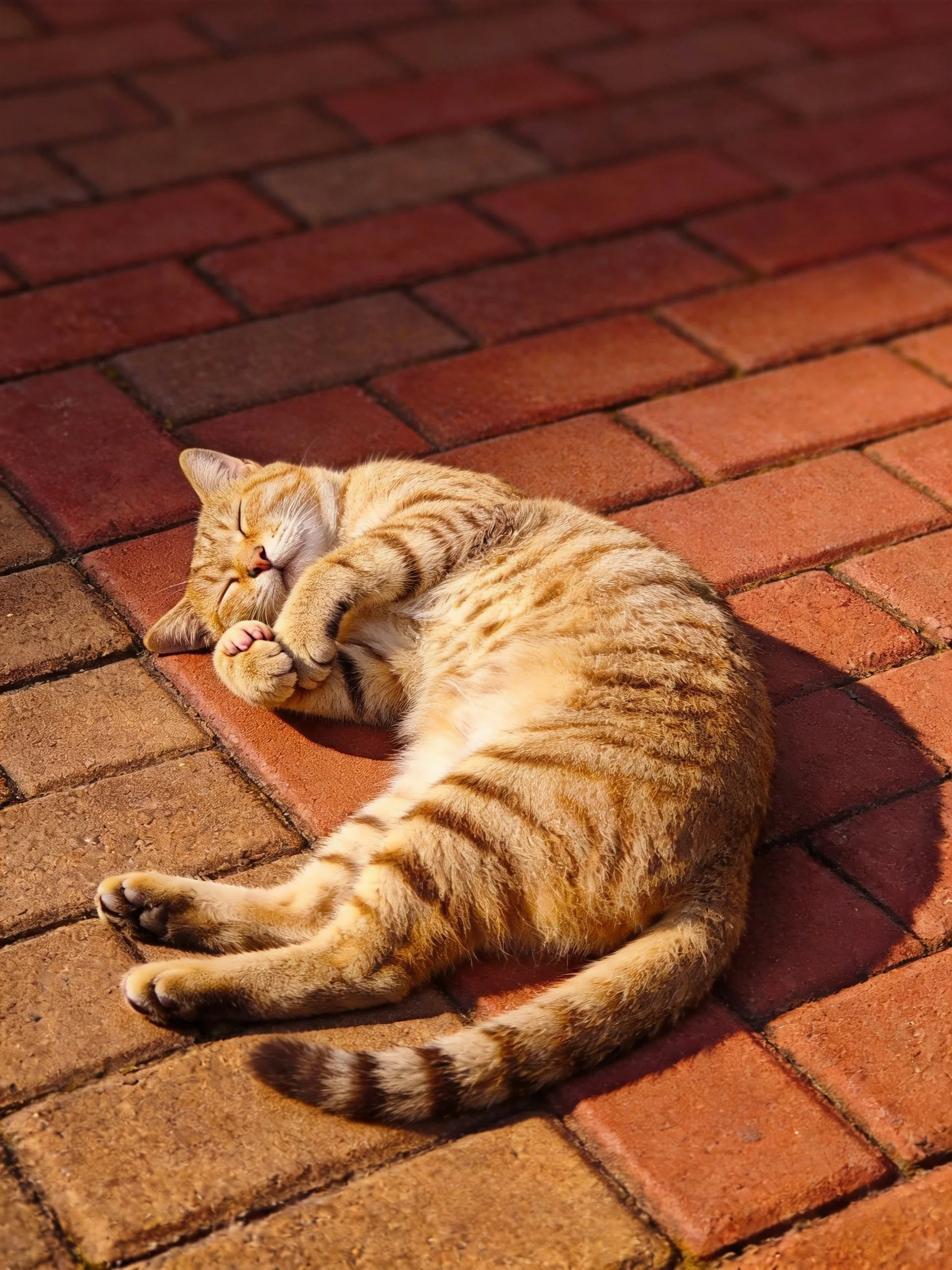 A relaxed orange tabby cat napping on reddish-brown brick pavement